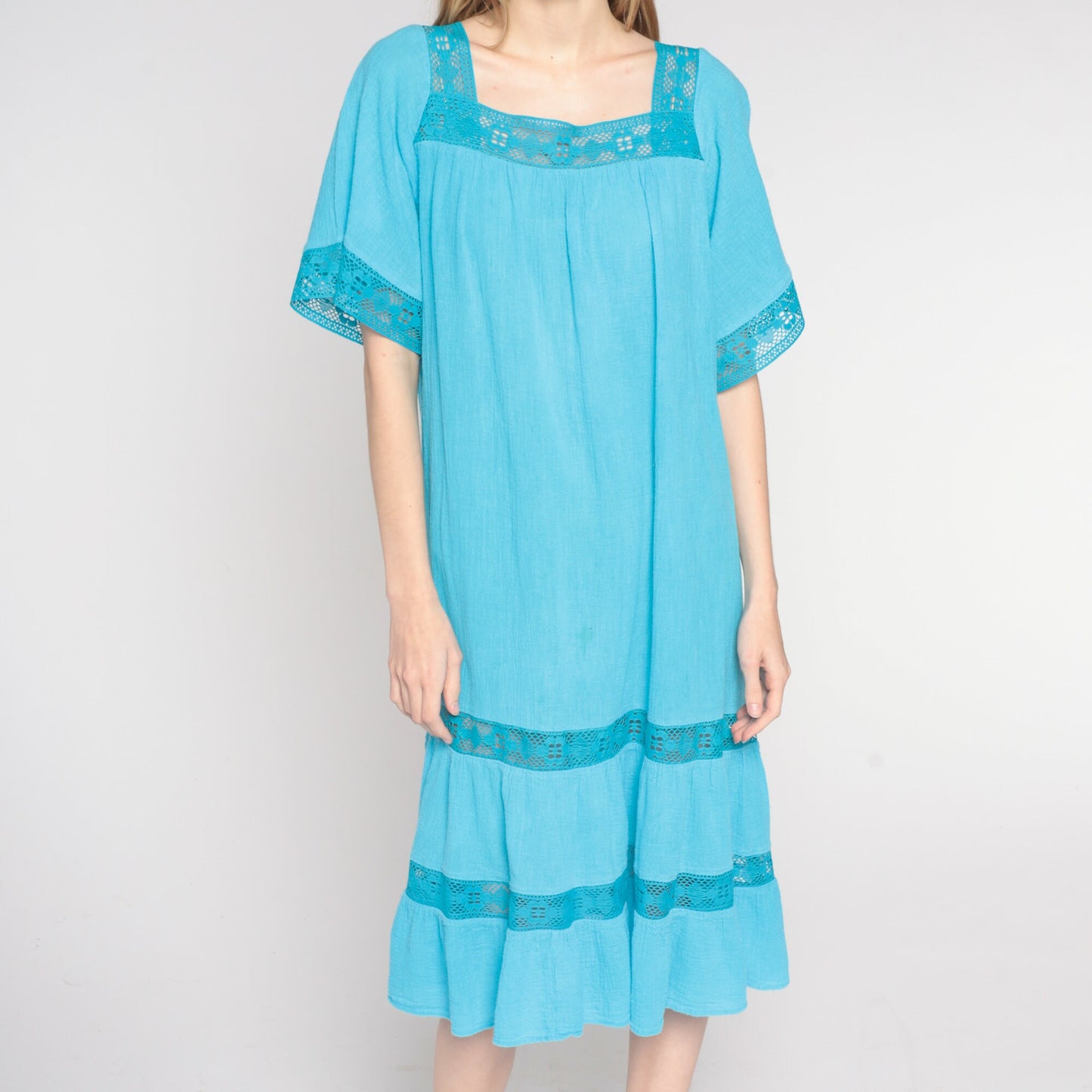 80s Blue Cotton Midi Dress Crochet Trim Tiered Trapeze Sundress Small