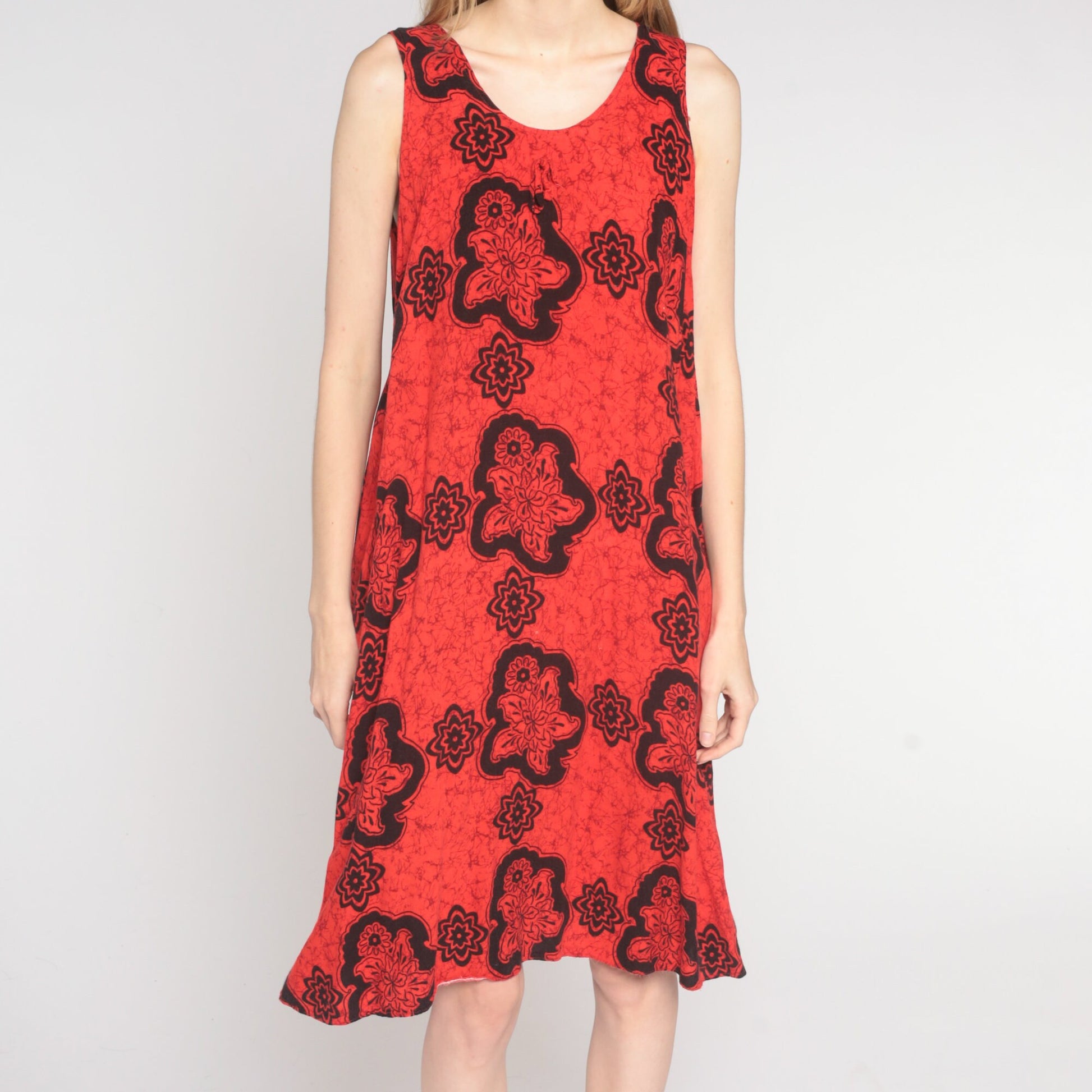 Y2K Red Tropical Floral Midi Dress Sleeveless Tent Cut 00s Sundress Medium M