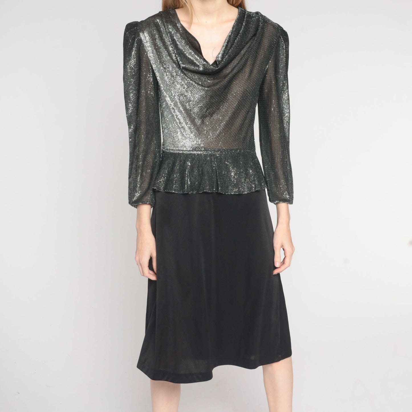 80s Silver Metallic Peplum Midi Dress Cowl Neck Puff Sleeve Small