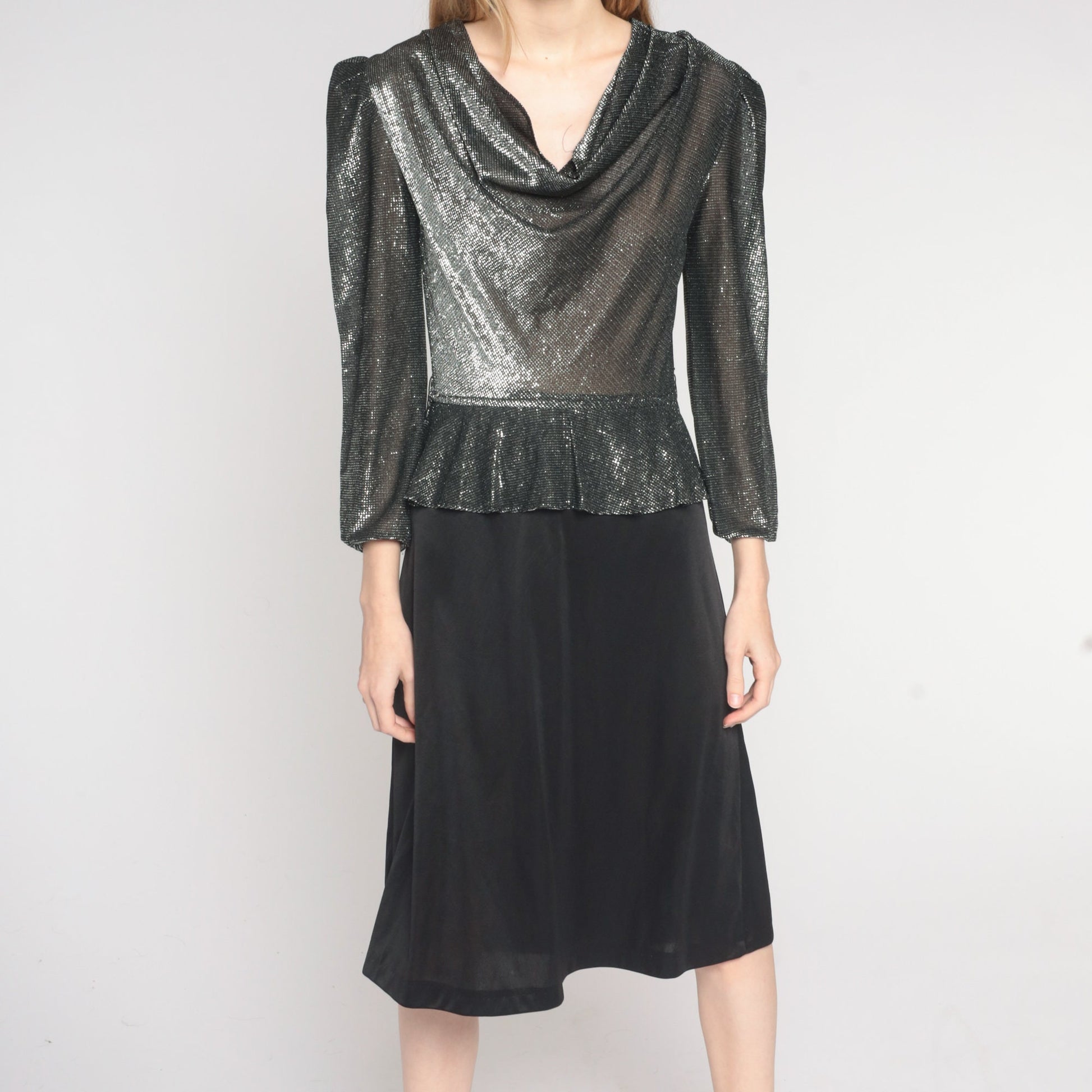 80s Silver Metallic Peplum Midi Dress Cowl Neck Puff Sleeve Small