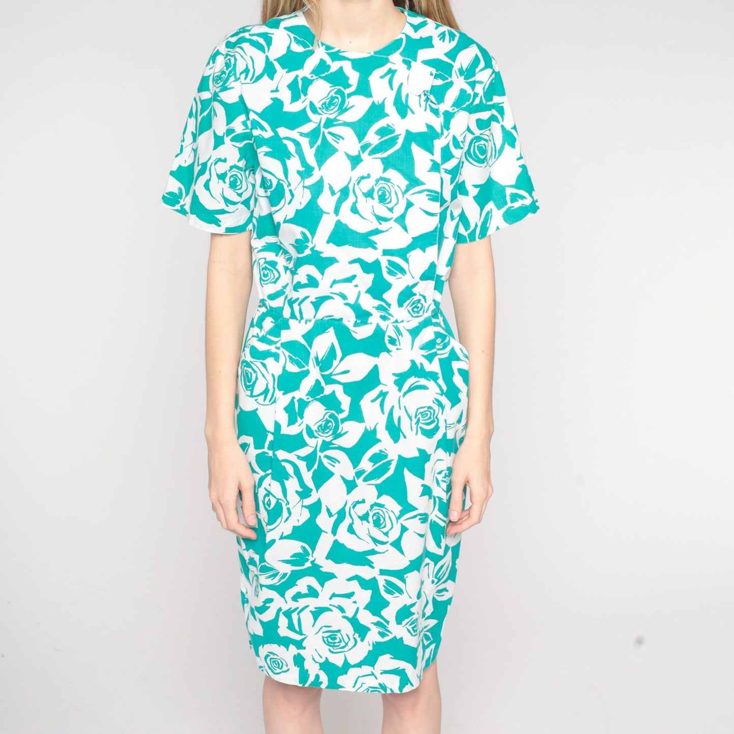 90s Green Rose Floral Print Dress Knee Length Button Wrap Pencil Medium M