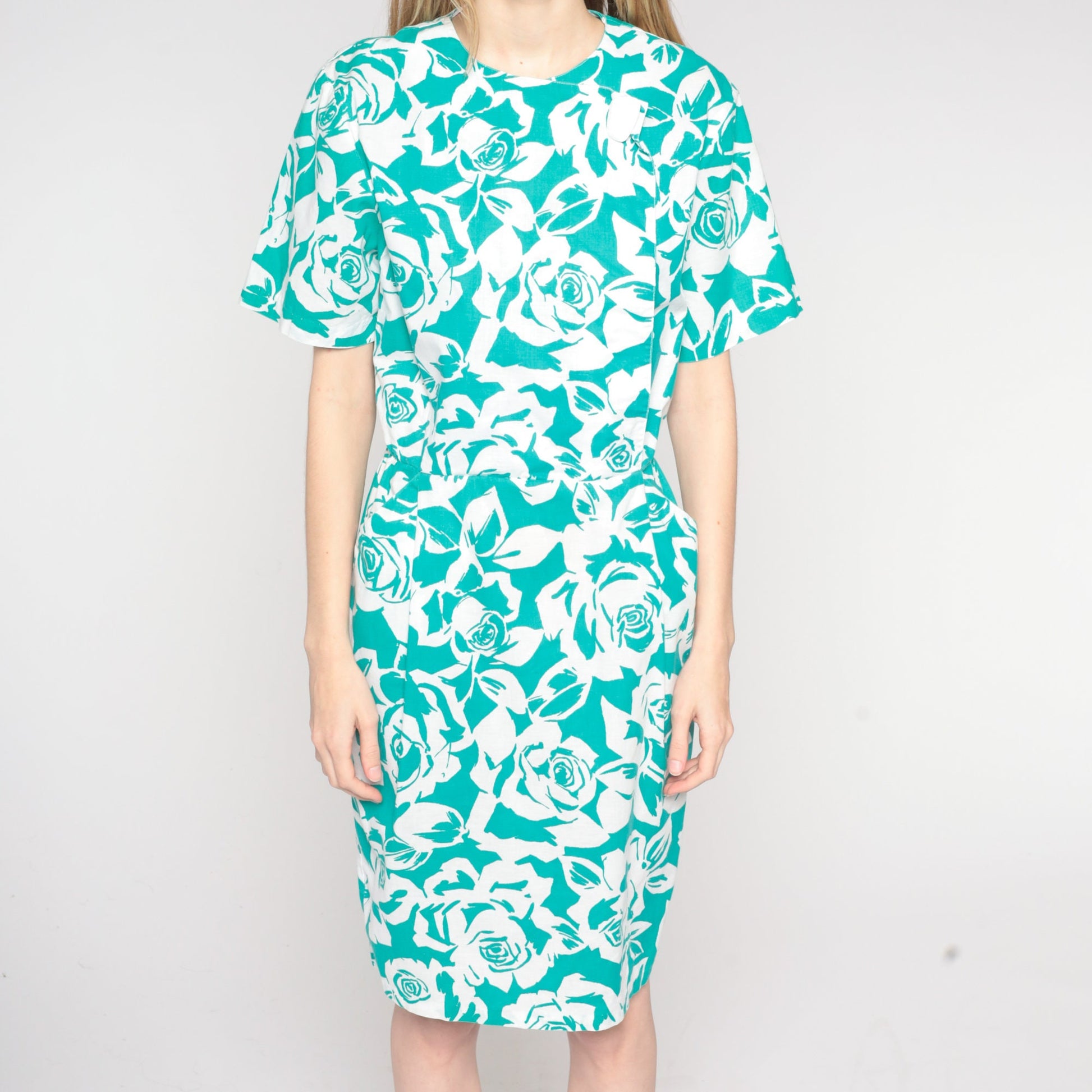 90s Green Rose Floral Print Dress Knee Length Button Wrap Pencil Medium M