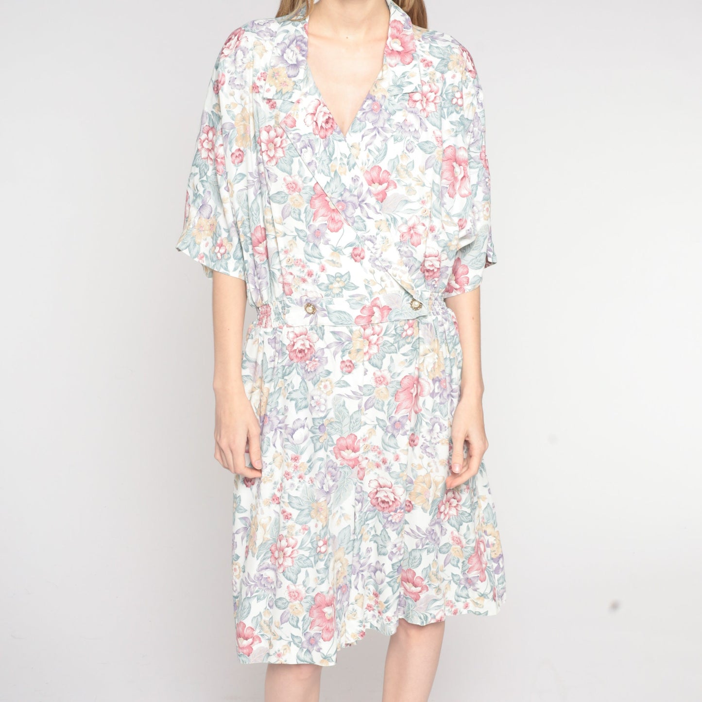 80s Floral Romper High Waisted Knee Length Wide Leg Collared Jumpsuit Extra Large