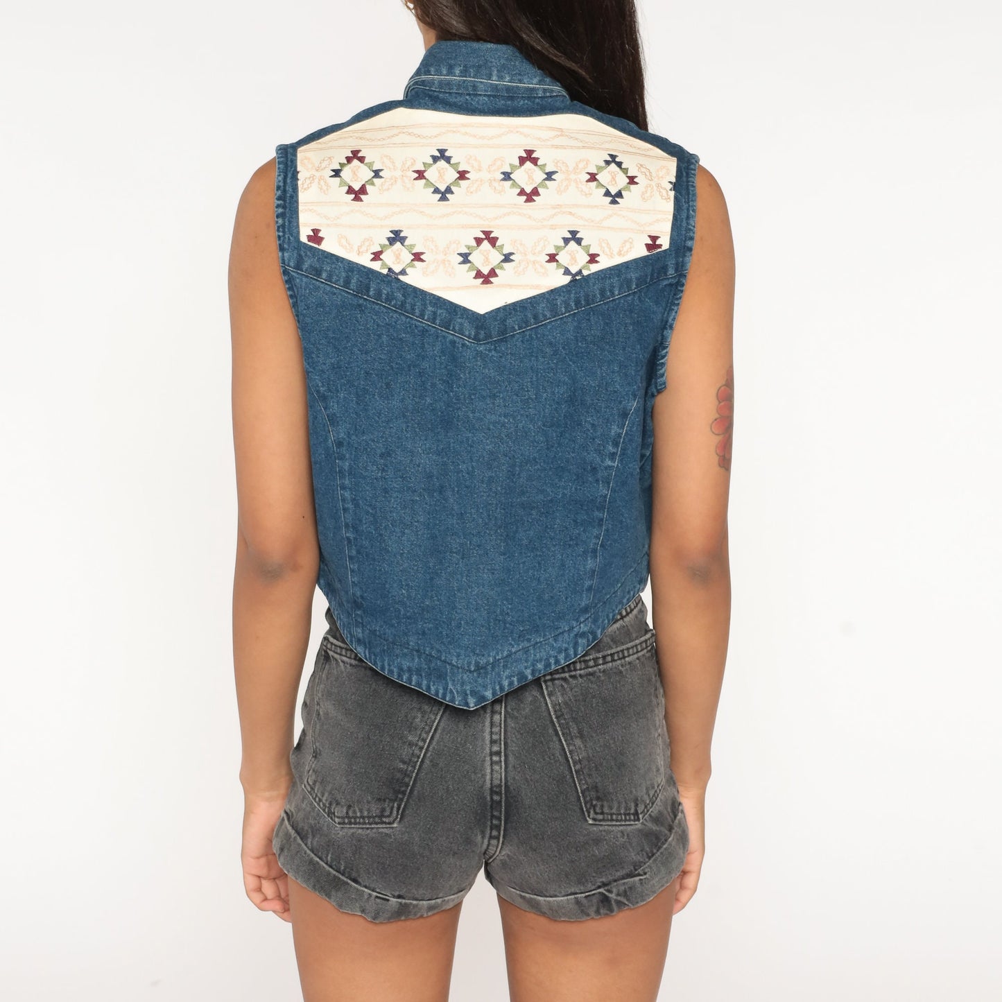 90s Southwestern Denim Vest Embroidered Blue Cotton Button Up Medium