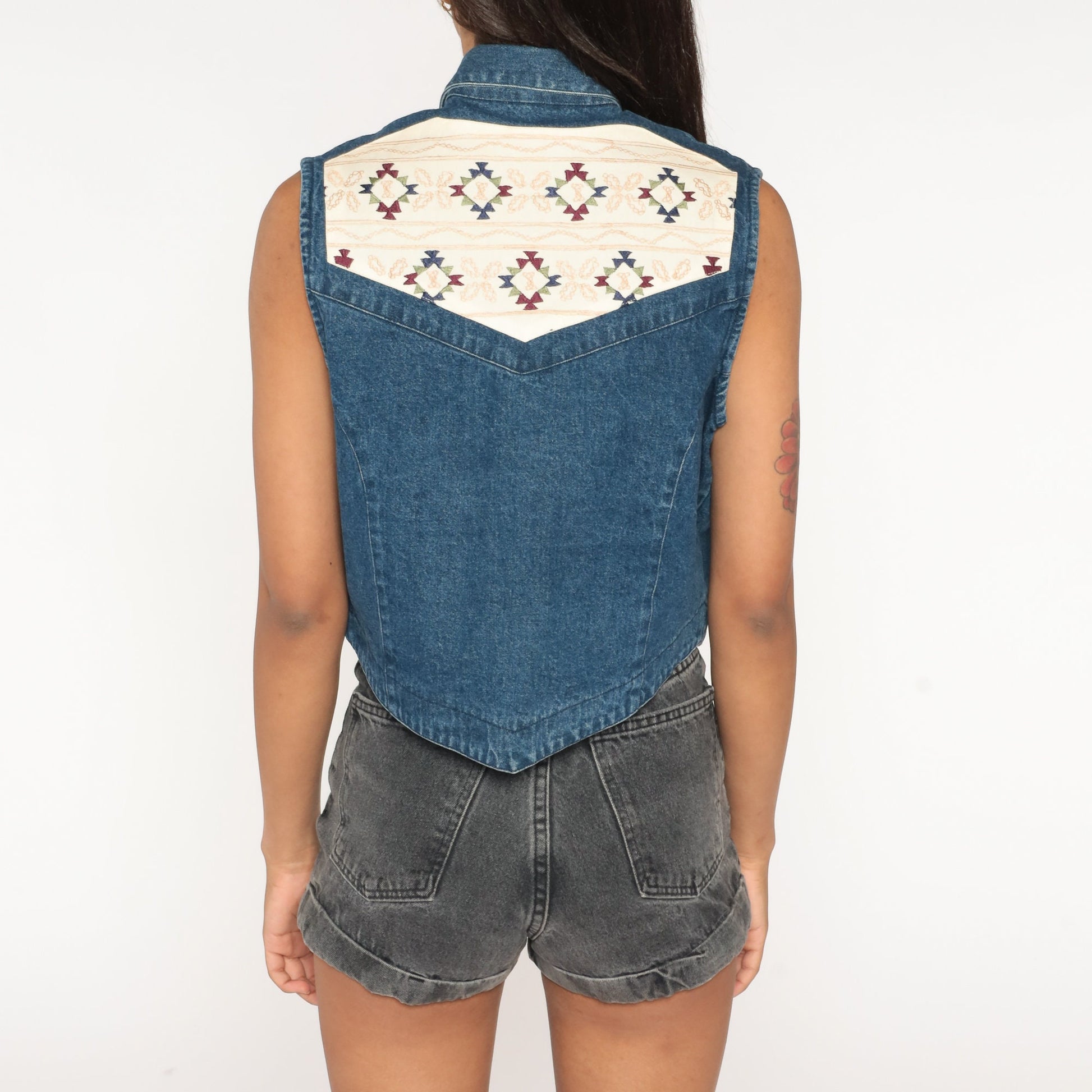 90s Southwestern Denim Vest Embroidered Blue Cotton Button Up Medium
