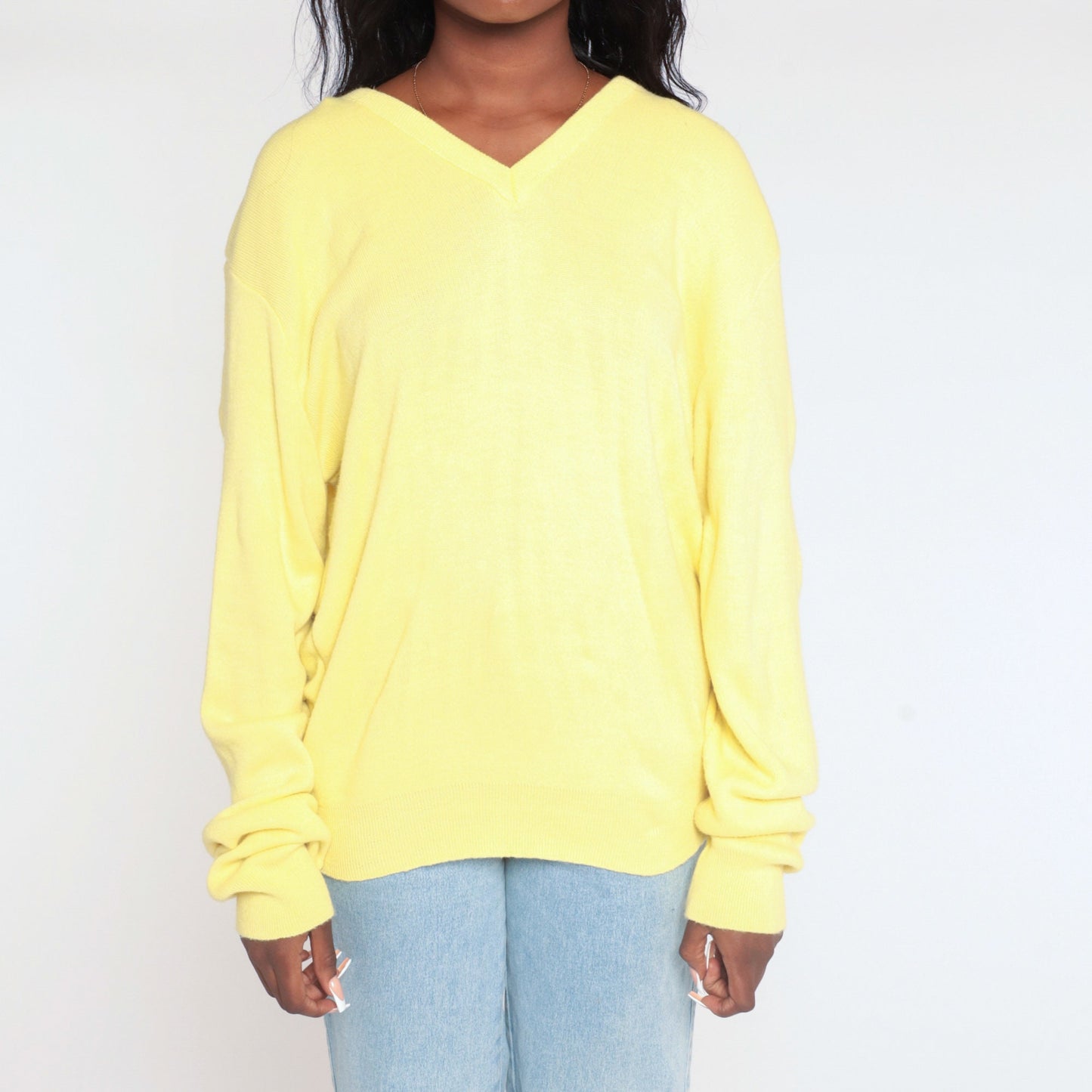 80s Yellow V-Neck Knit Sweater Extra Large XXL