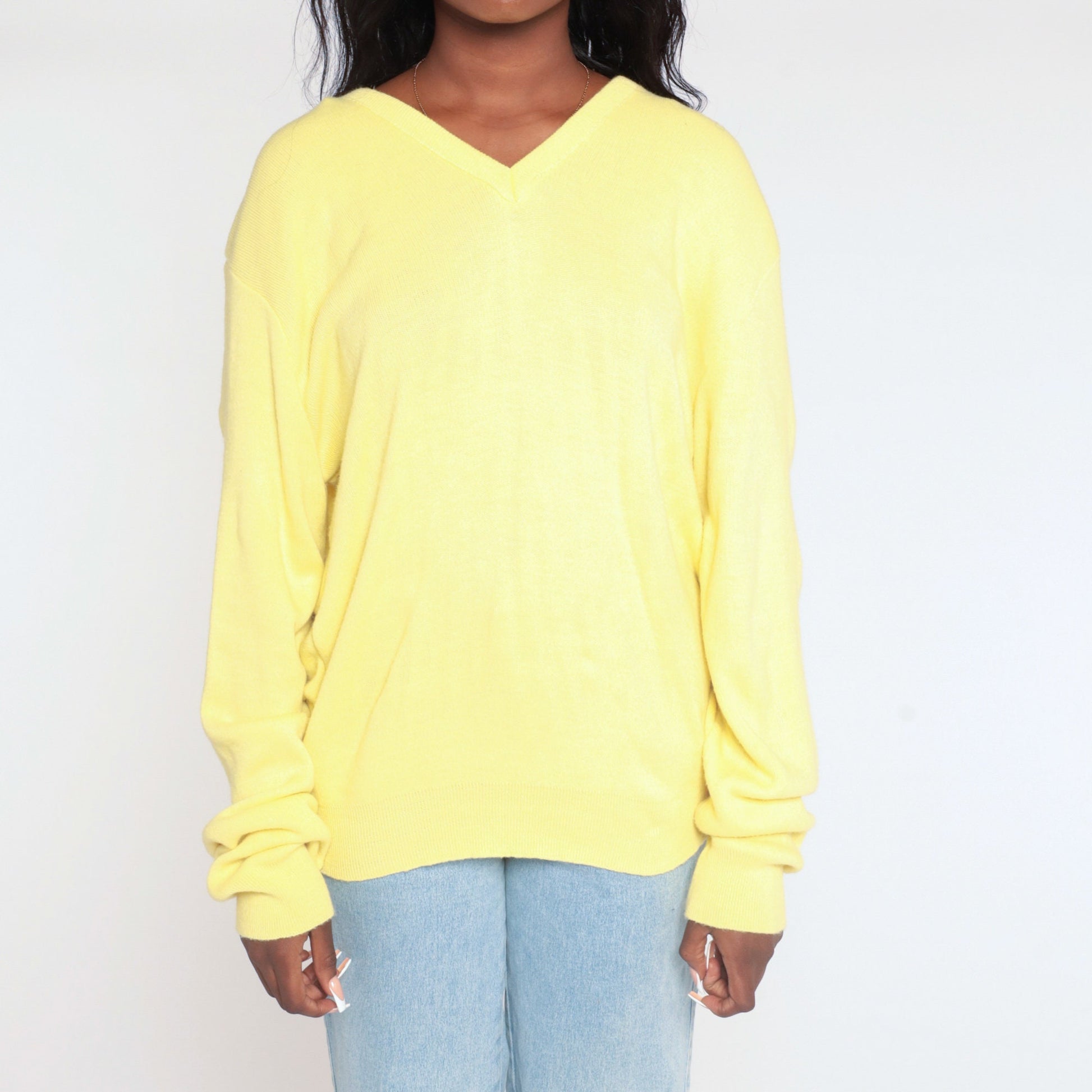 80s Yellow V-Neck Knit Sweater Extra Large XXL