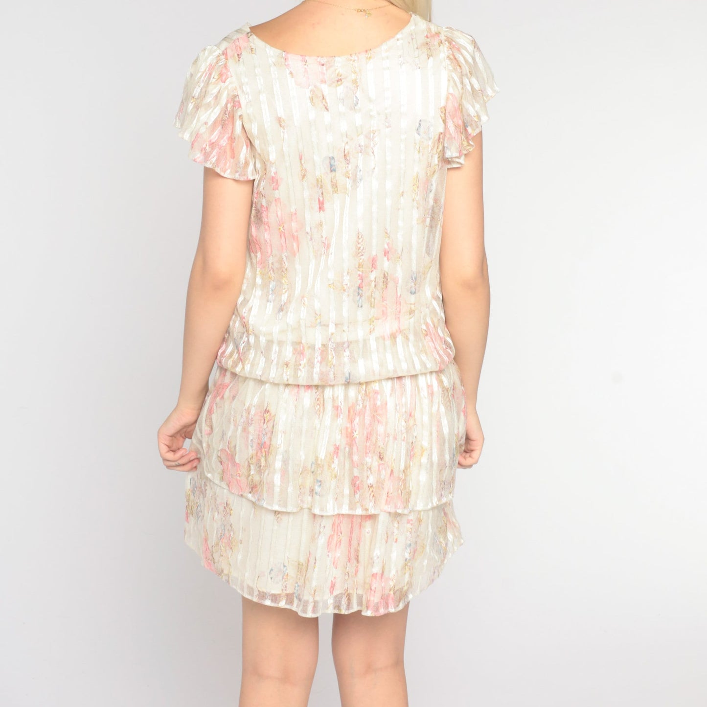 70s Floral Mini Dress Flutter Sleeve Off-White Striped Tiered Small
