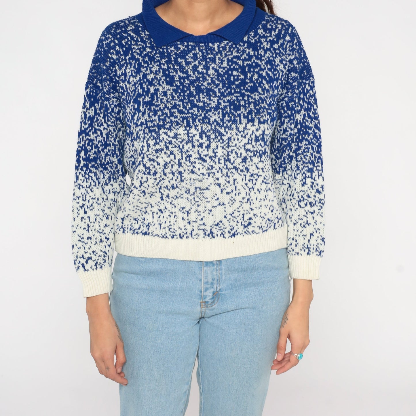 80s Blue White Gradient Knit Collared Sweater Polo Small S