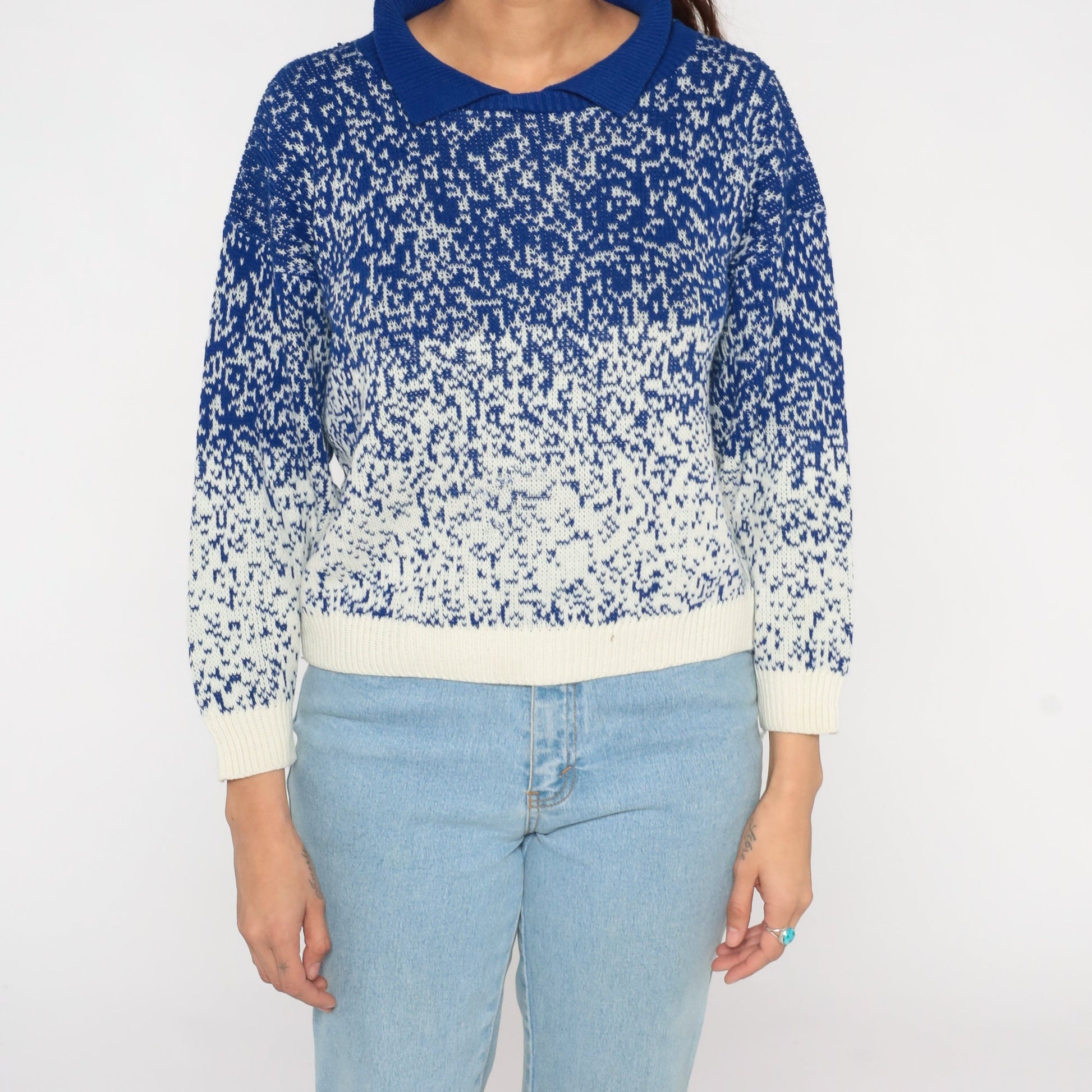 80s Blue White Gradient Knit Collared Sweater Polo Small S