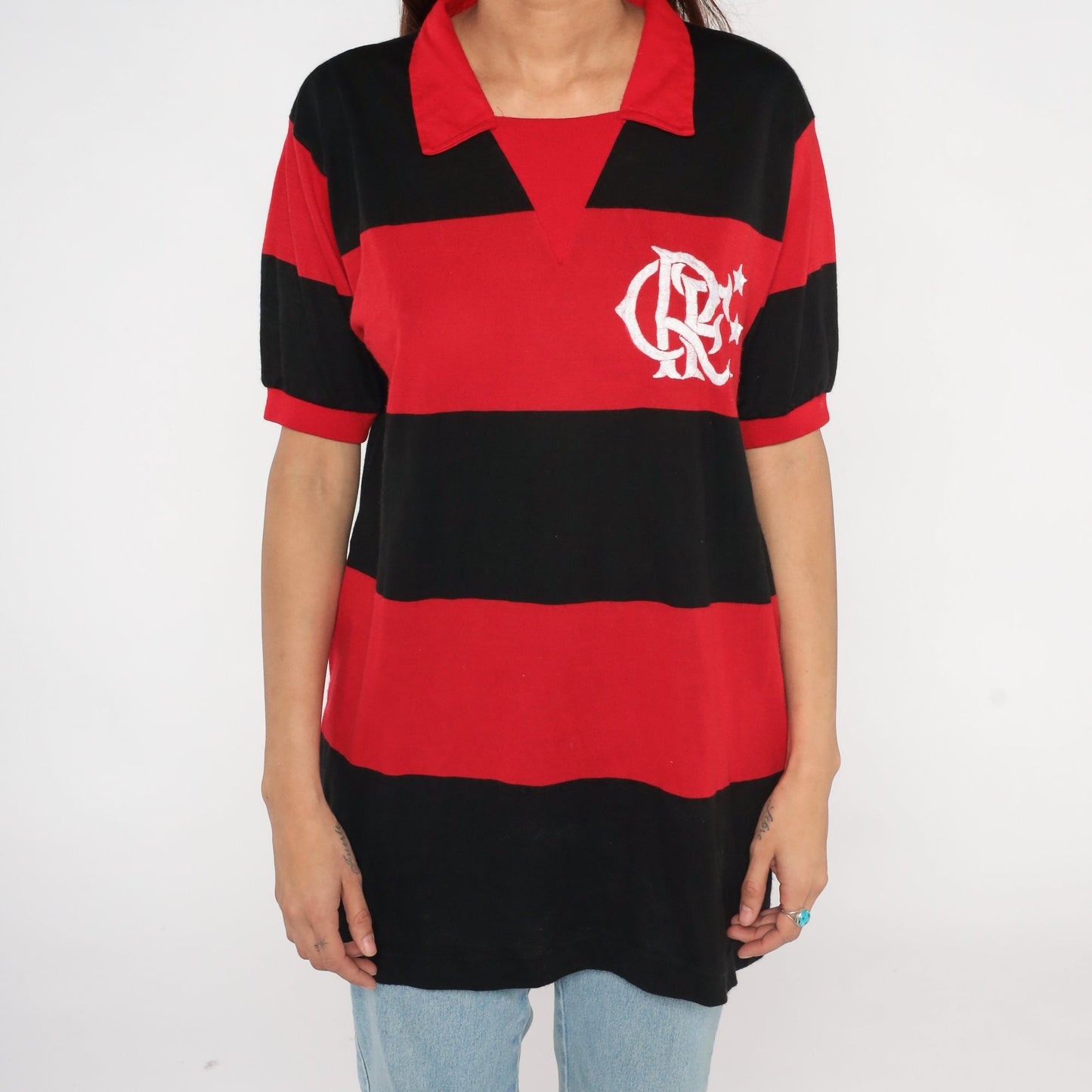 80s Clube de Regatas do Flamengo Polo Shirt Red Black Striped Medium M