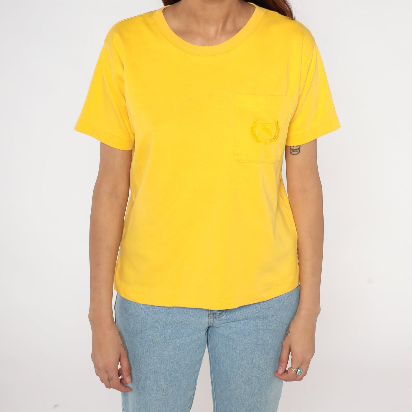 90s Yellow Cotton T-Shirt Embroidered Crest Pocket Tee Small