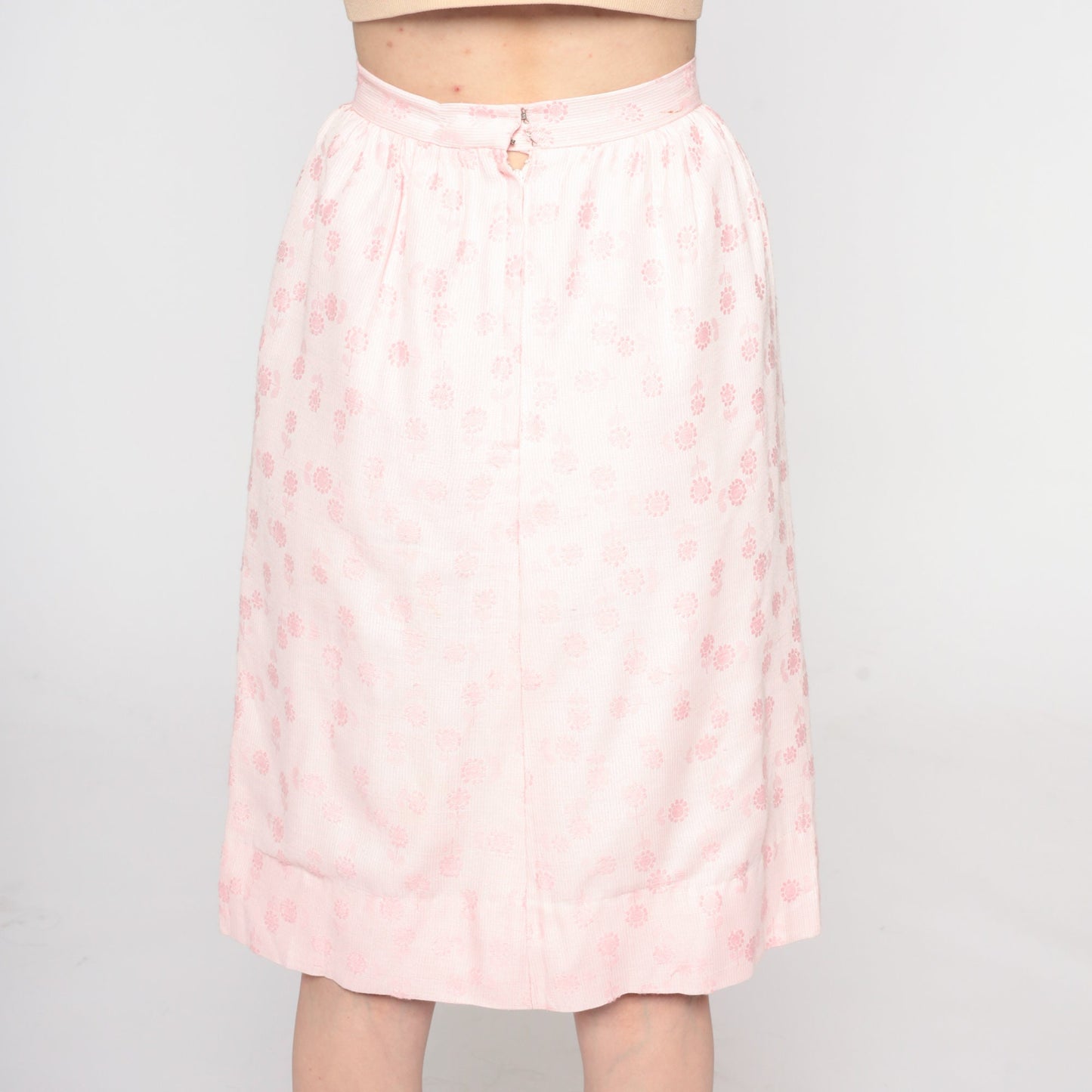 1960s Baby Pink Floral Knee-Length Skirt High Waist Pockets XXS