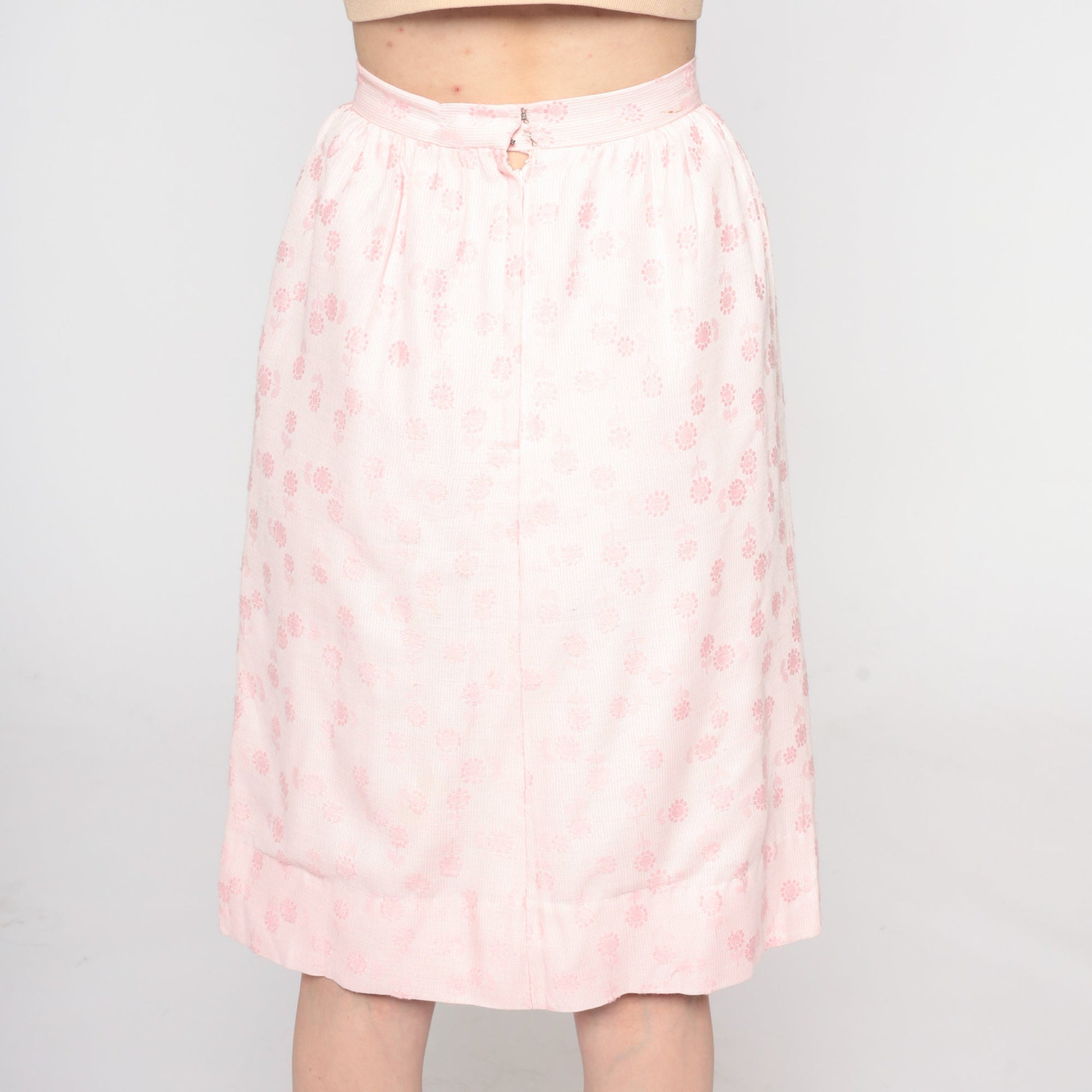 1960s Baby Pink Floral Knee-Length Skirt High Waist Pockets XXS