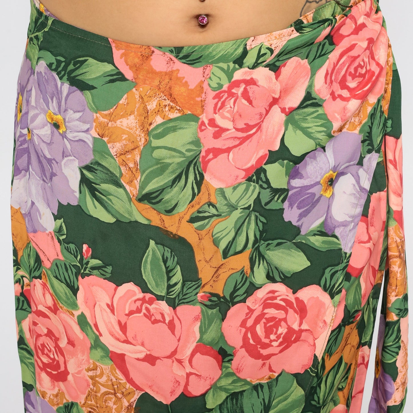 90s Floral Wrap Maxi Skirt Rayon Rose Pattern Small S