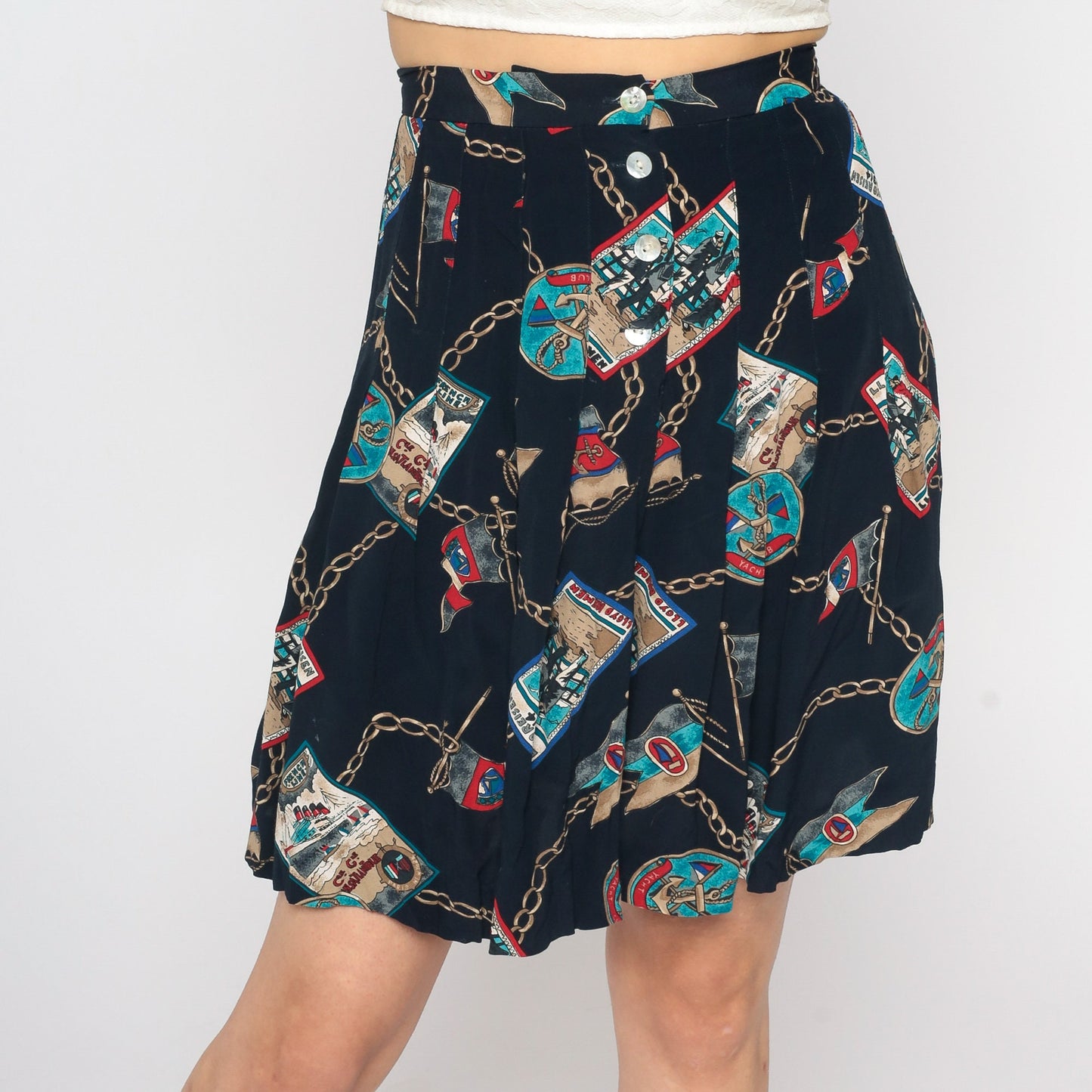 90s Nautical Mini Skirt Button Up Navy Anchor Sailor Print Small
