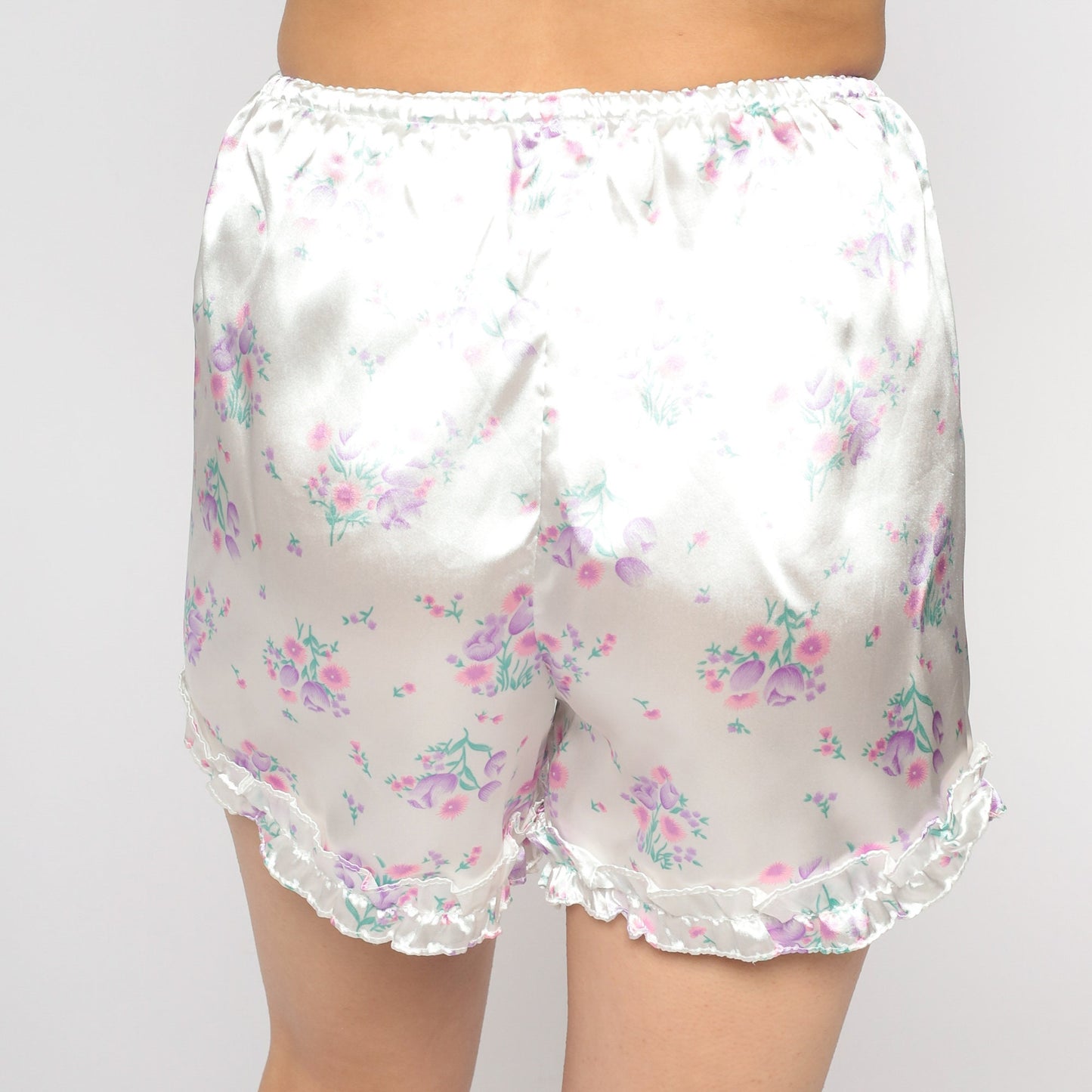 90s White Floral Satin Pajama Shorts Ruffled High Waist Small Medium