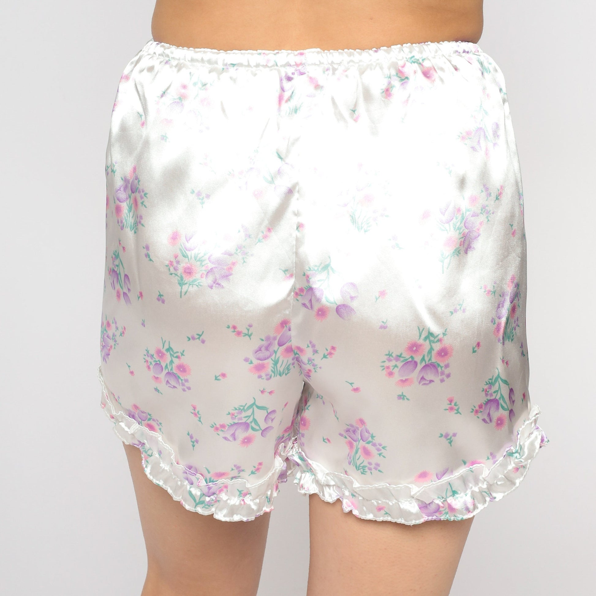 90s White Floral Satin Pajama Shorts Ruffled High Waist Small Medium