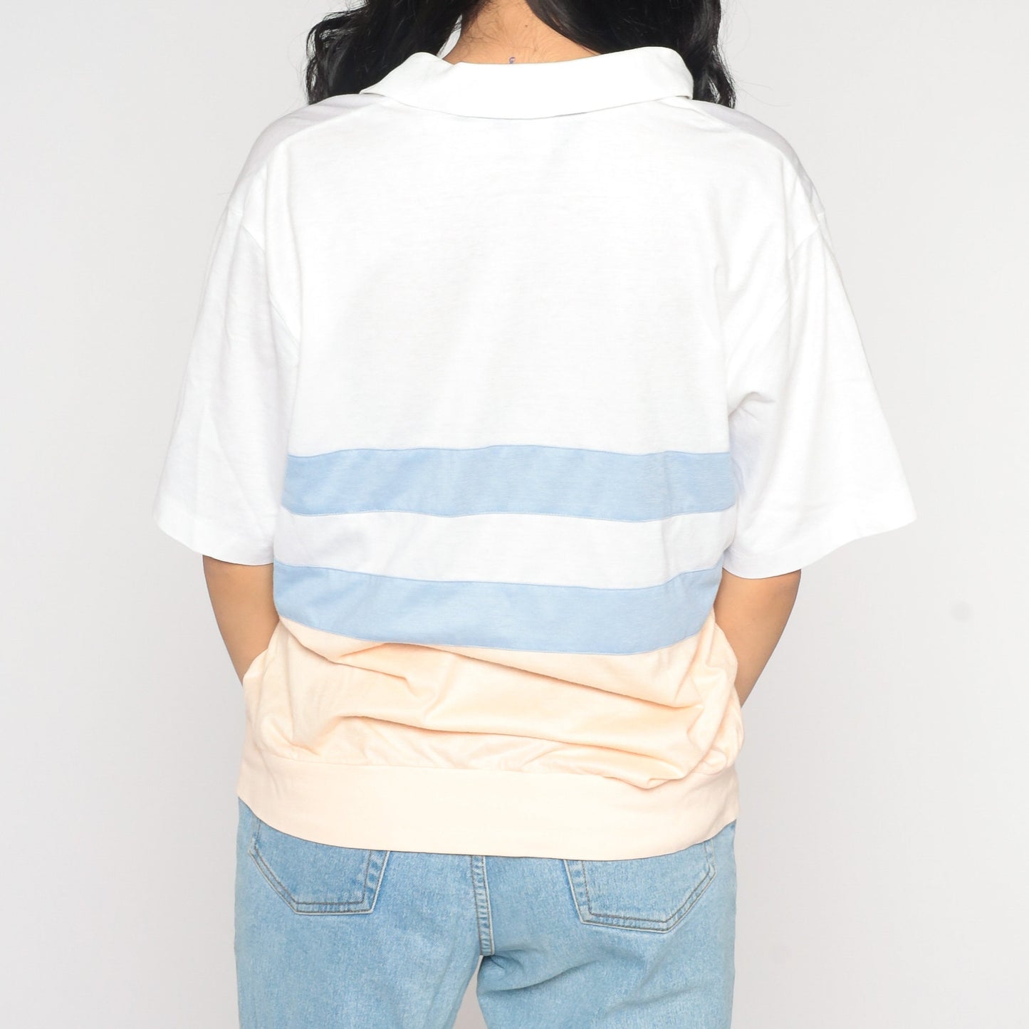 80s Striped Polo Shirt White Peach Blue Color Block Short Sleeve Medium Large