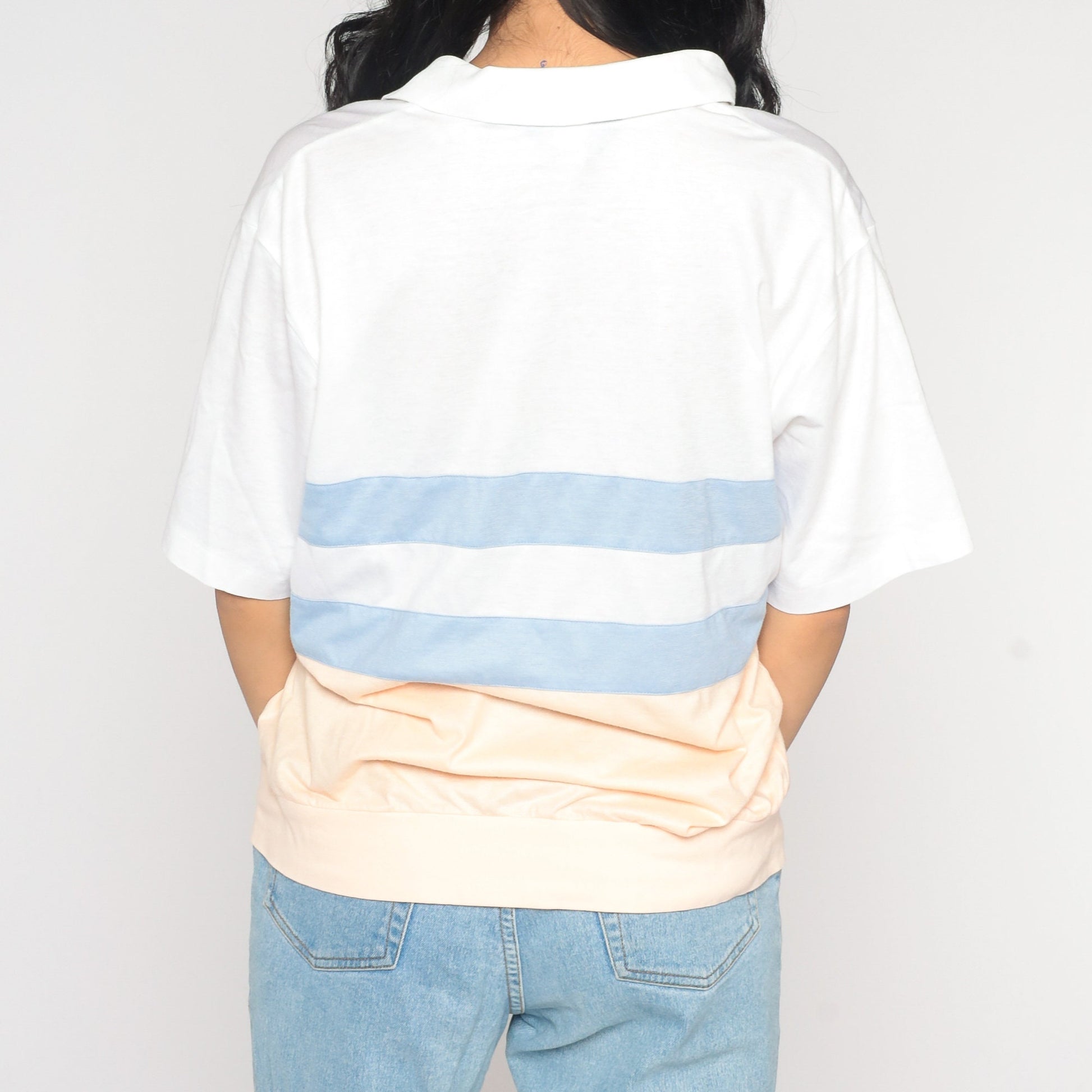80s Striped Polo Shirt White Peach Blue Color Block Short Sleeve Medium Large