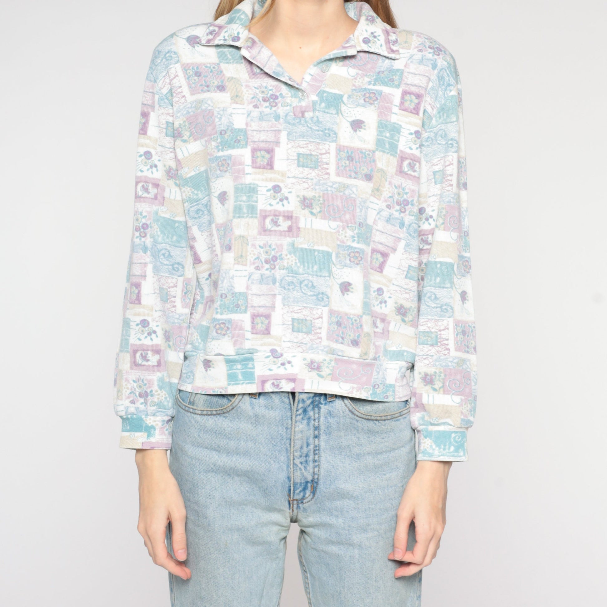 90s Floral Long Sleeve Collared Shirt Banded Hem Pastel Flower Print Medium
