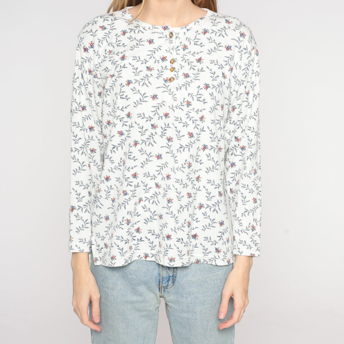 90s Floral Henley Long Sleeve Ribbed Shirt White Medium