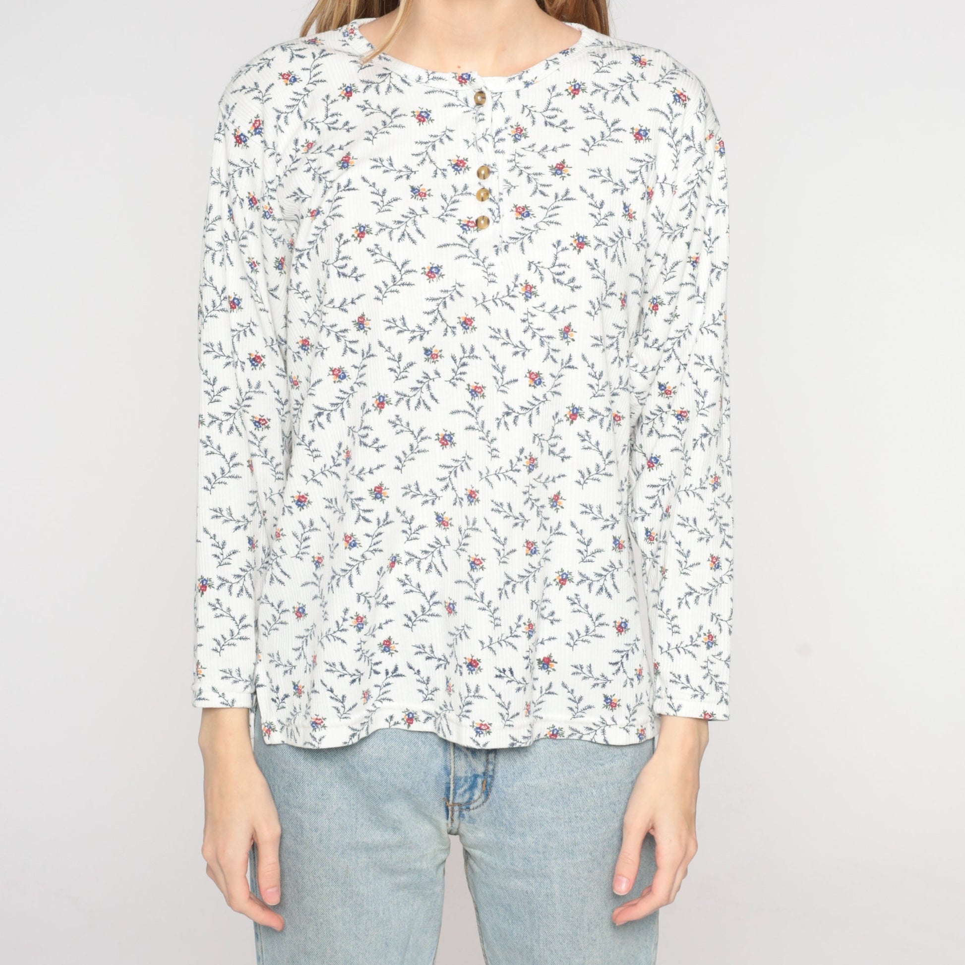 90s Floral Henley Long Sleeve Ribbed Shirt White Medium