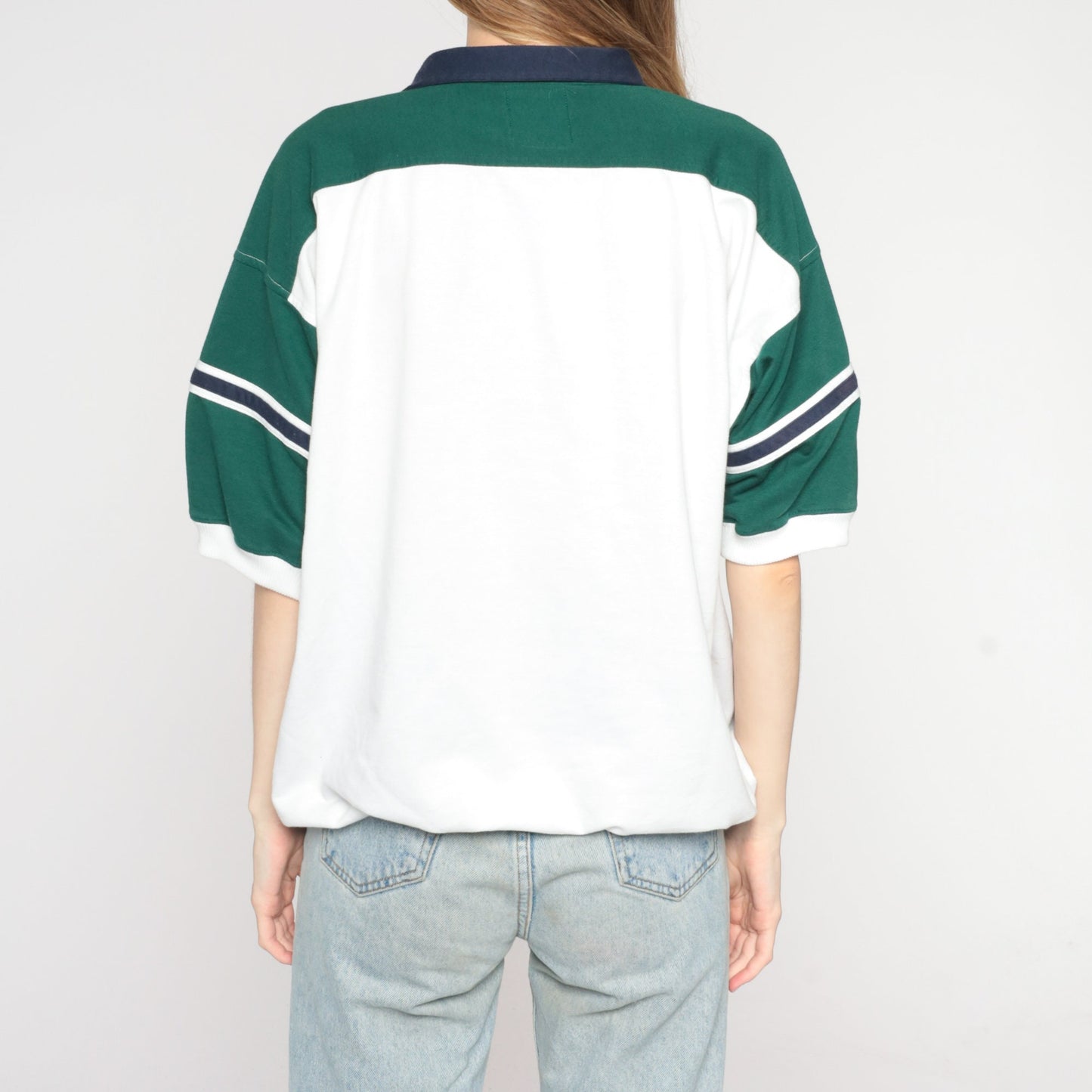 90s Striped Polo Shirt White Blue Green Banded Hem Men's Extra Large XL