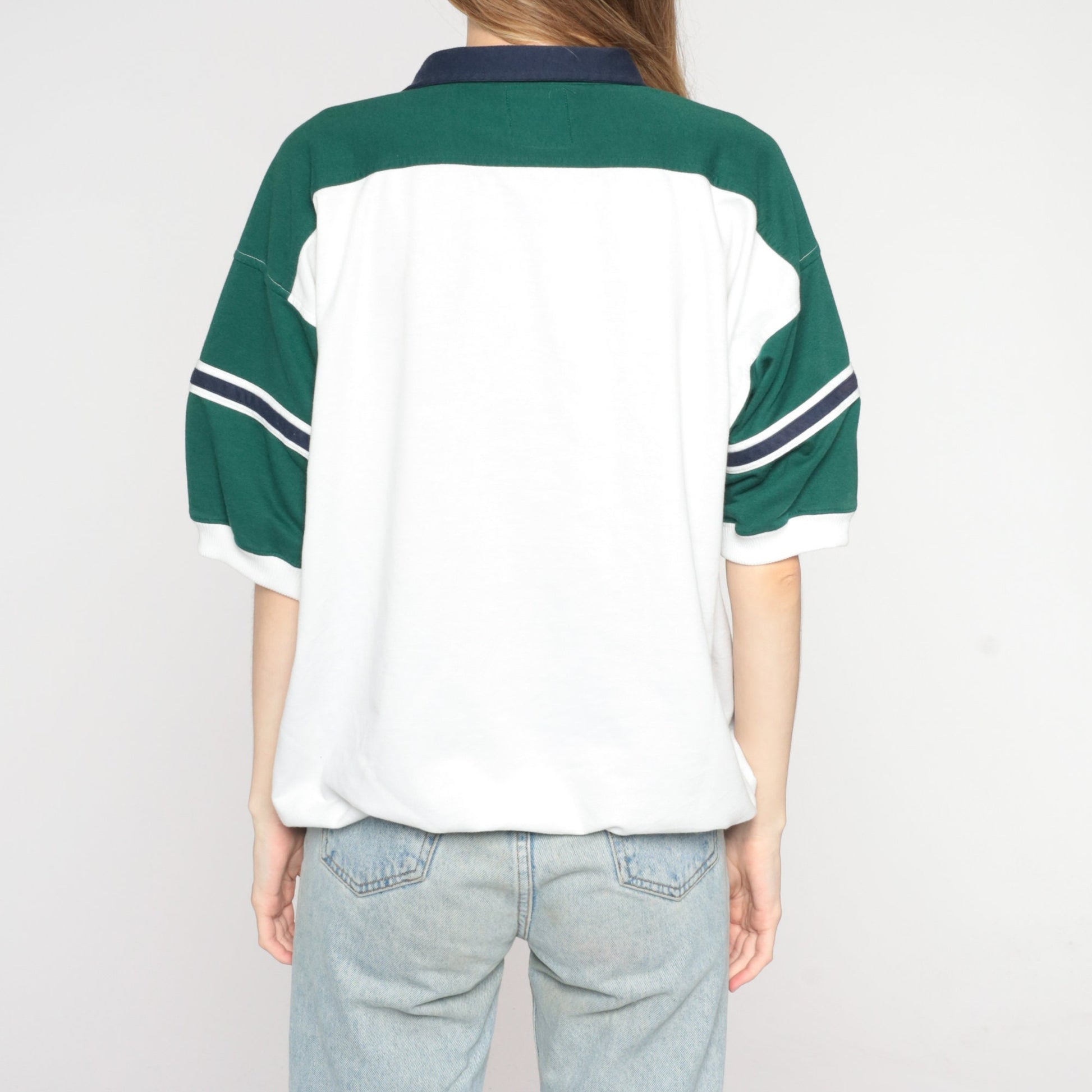 90s Striped Polo Shirt White Blue Green Banded Hem Men's Extra Large XL