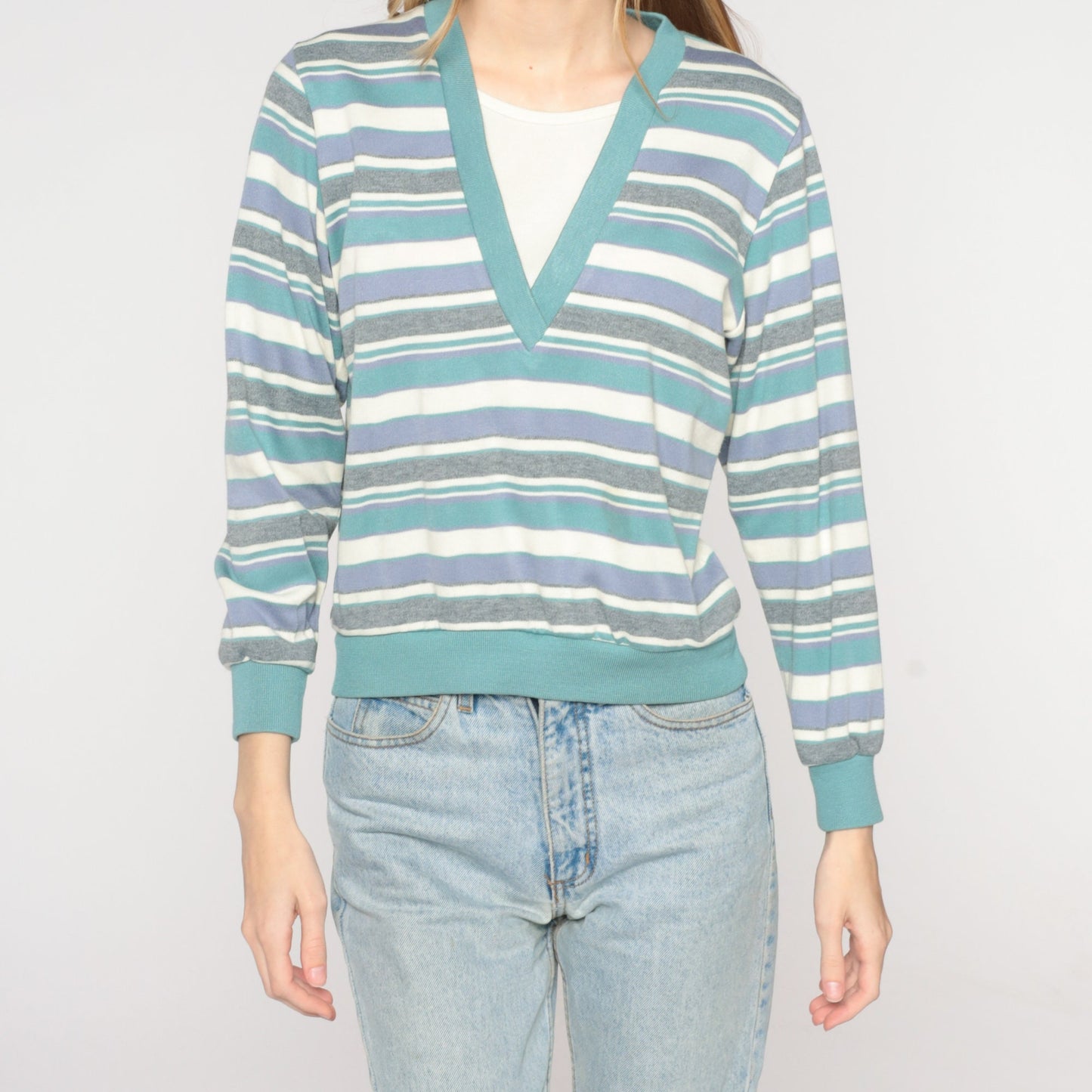 80s Striped Long Sleeve V-Neck Shirt White Blue Grey Small