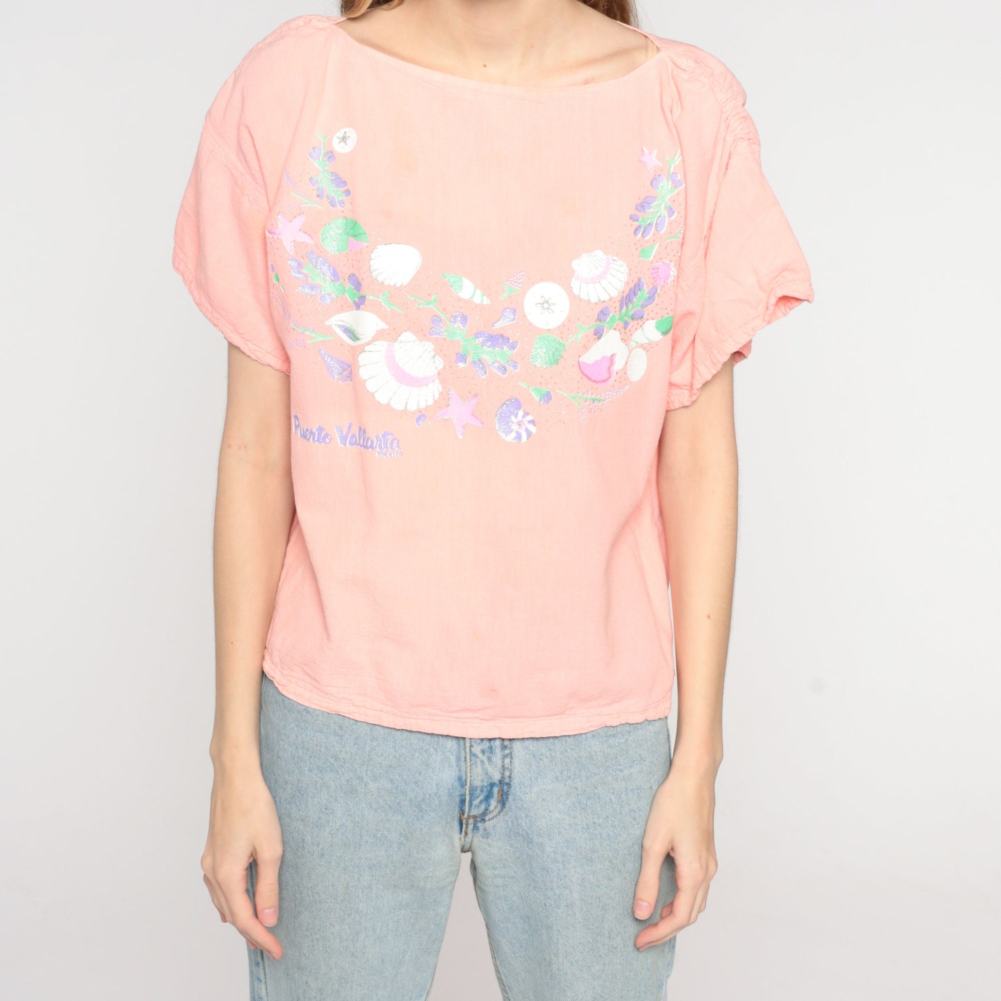 90s Puerto Vallarta Seashell Flower Print Pink Shirt Medium Large