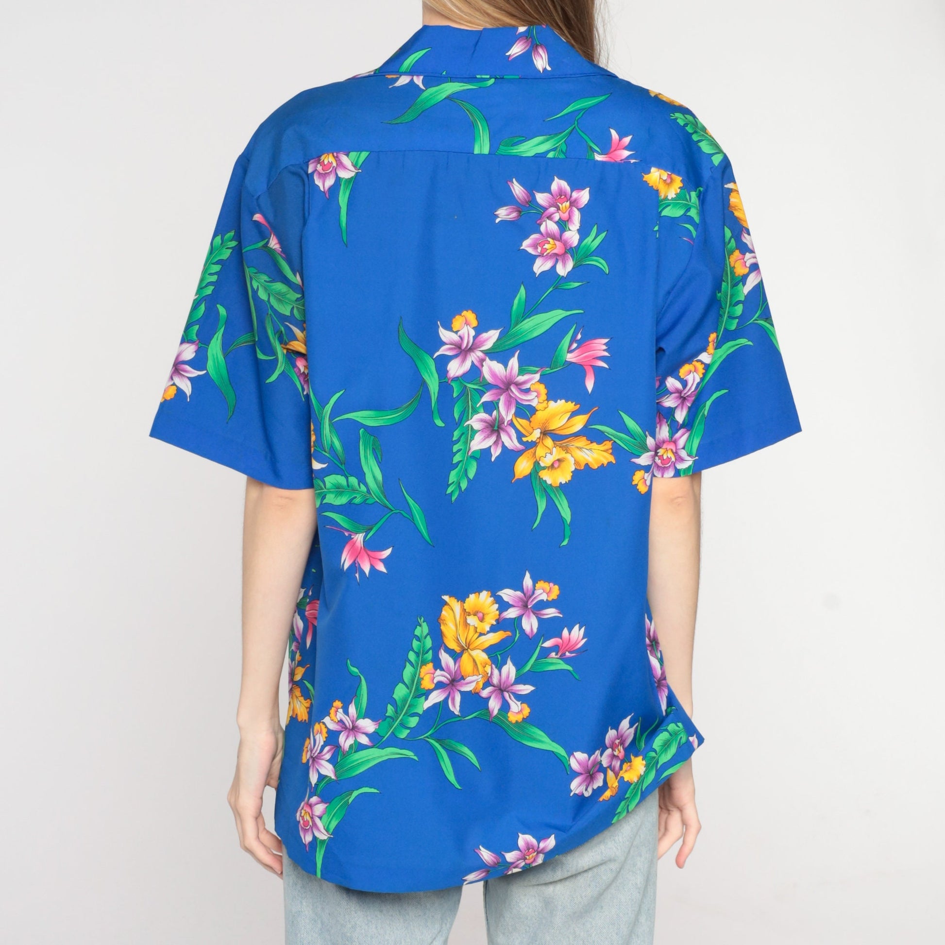 80s Blue Tropical Floral Hawaiian Shirt Button Up Short Sleeve Medium