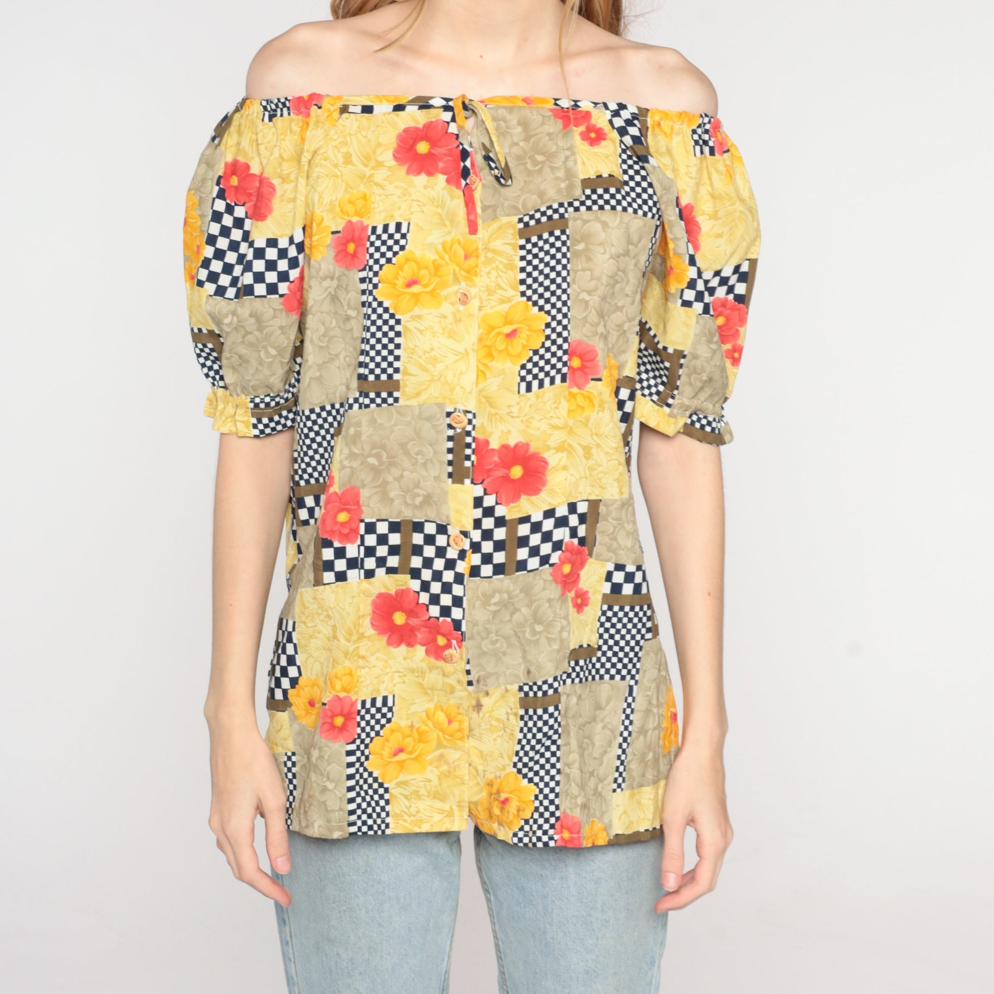 90s Floral Checkered Puff Sleeve Blouse Off-Shoulder Button-Front Yellow Medium