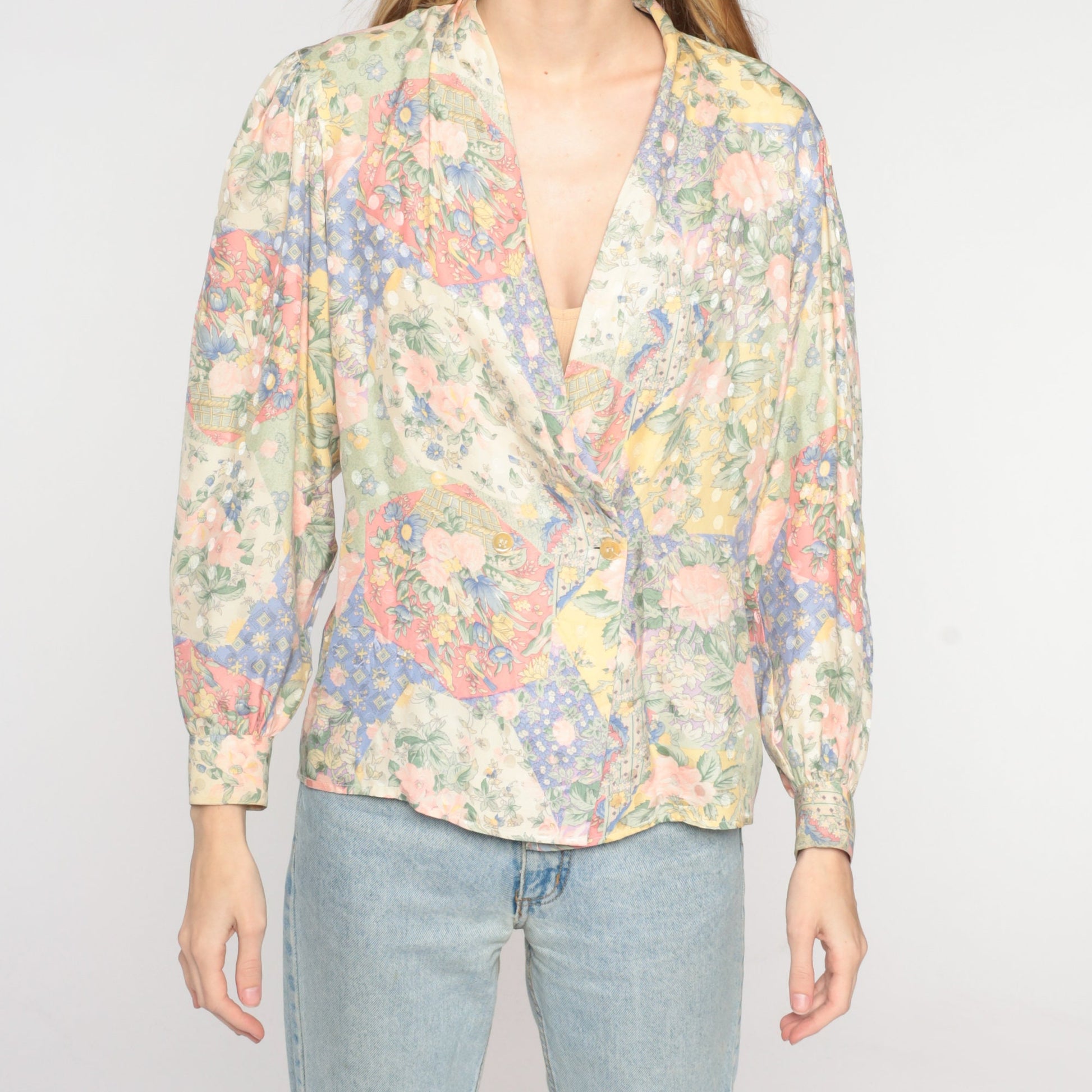 80s Floral Silk Wrap Blouse V-Neck Double Breasted Long Sleeve Small