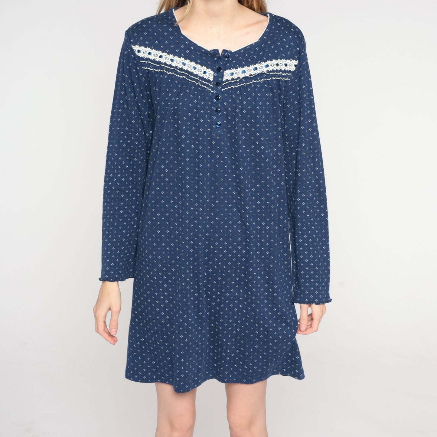 Y2K Navy Calico Floral Pajama Dress Long Sleeve Button-Up Nightgown Large L