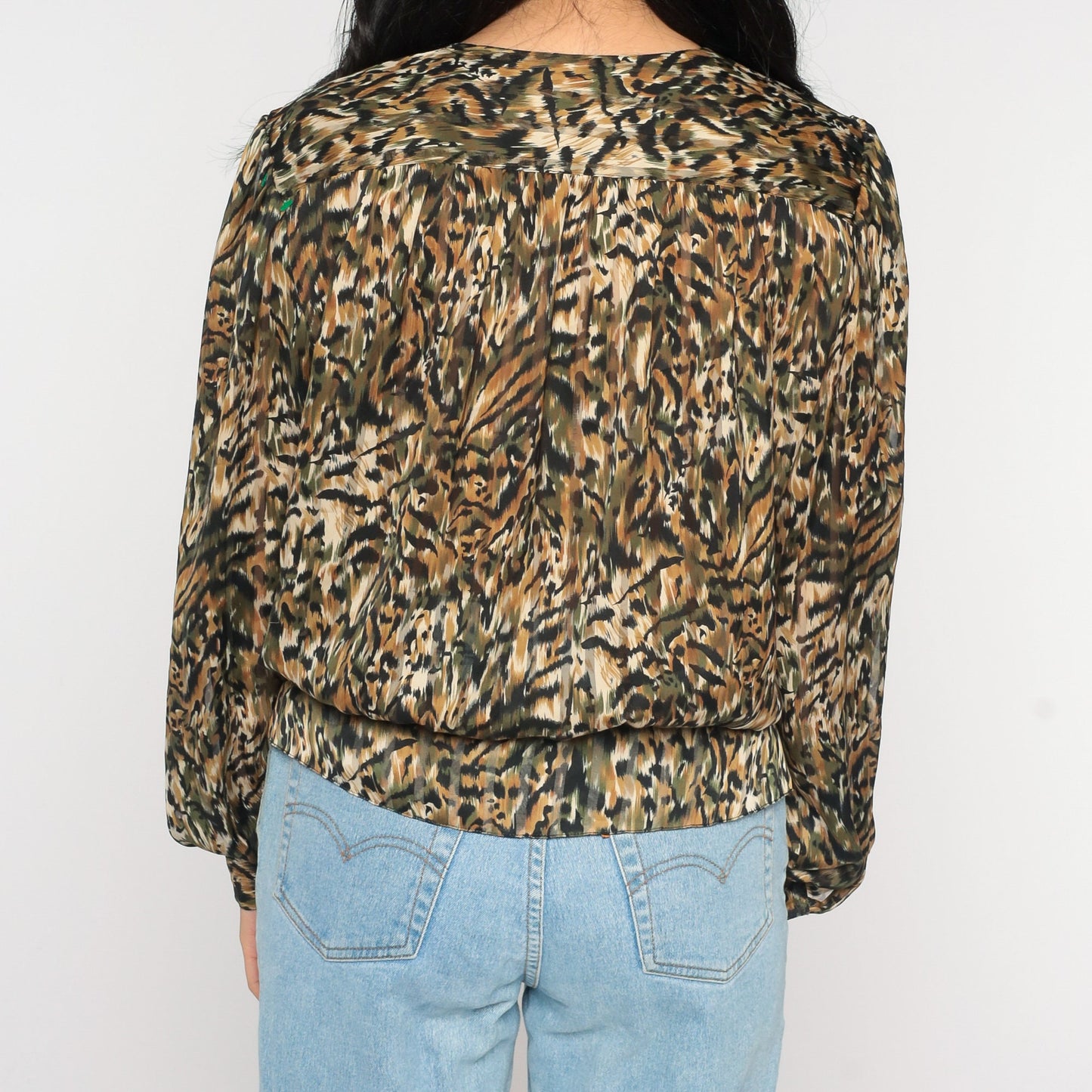 90s Animal Print Button-Up Blouse Tiger Leopard Stripe Long Sleeve Large