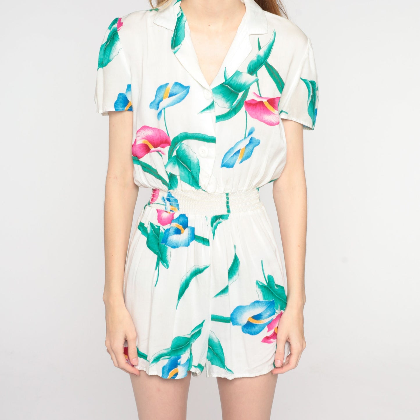 80s Tropical Floral White Romper Playsuit Puff Sleeve High Waist Small S