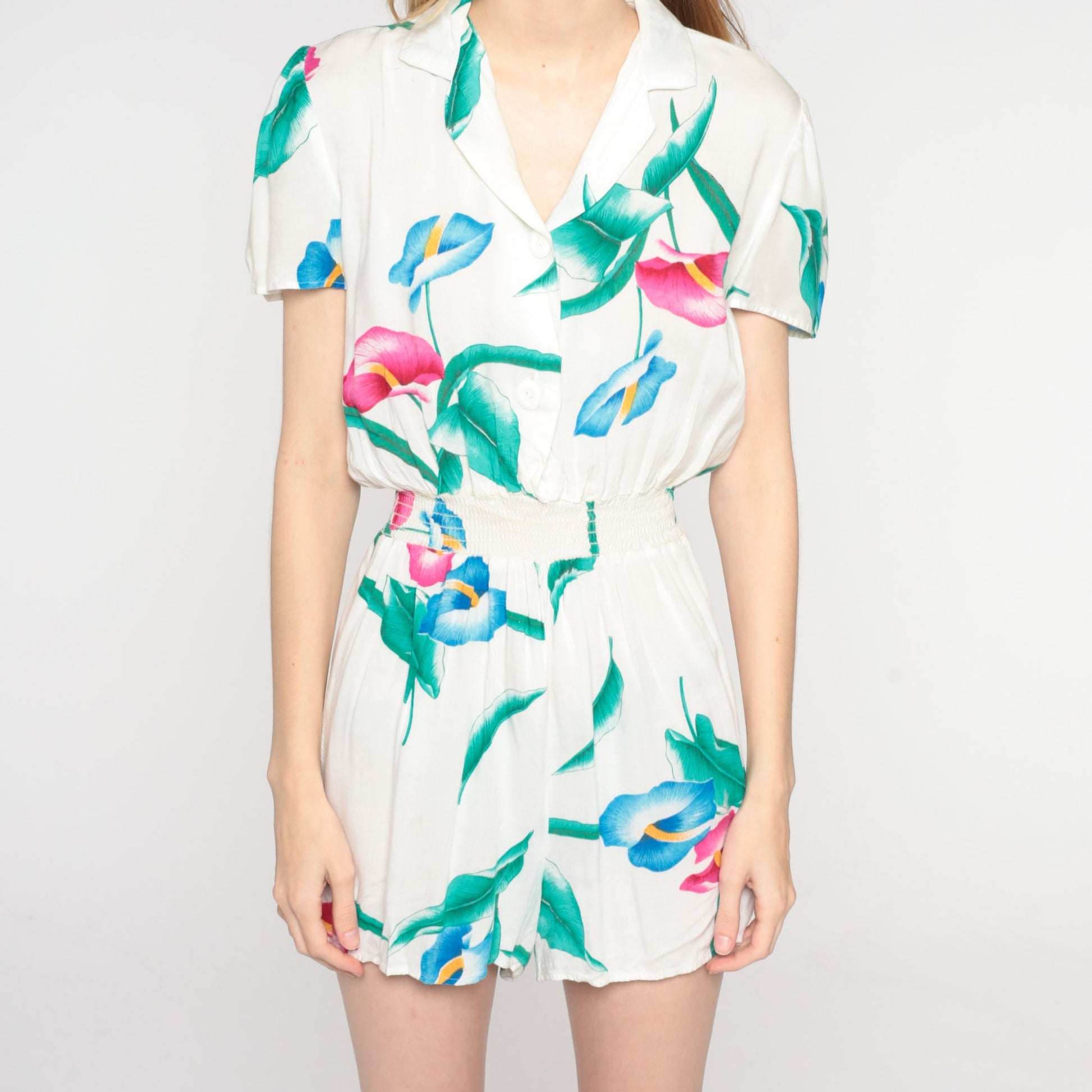 80s Tropical Floral White Romper Playsuit Puff Sleeve High Waist Small S