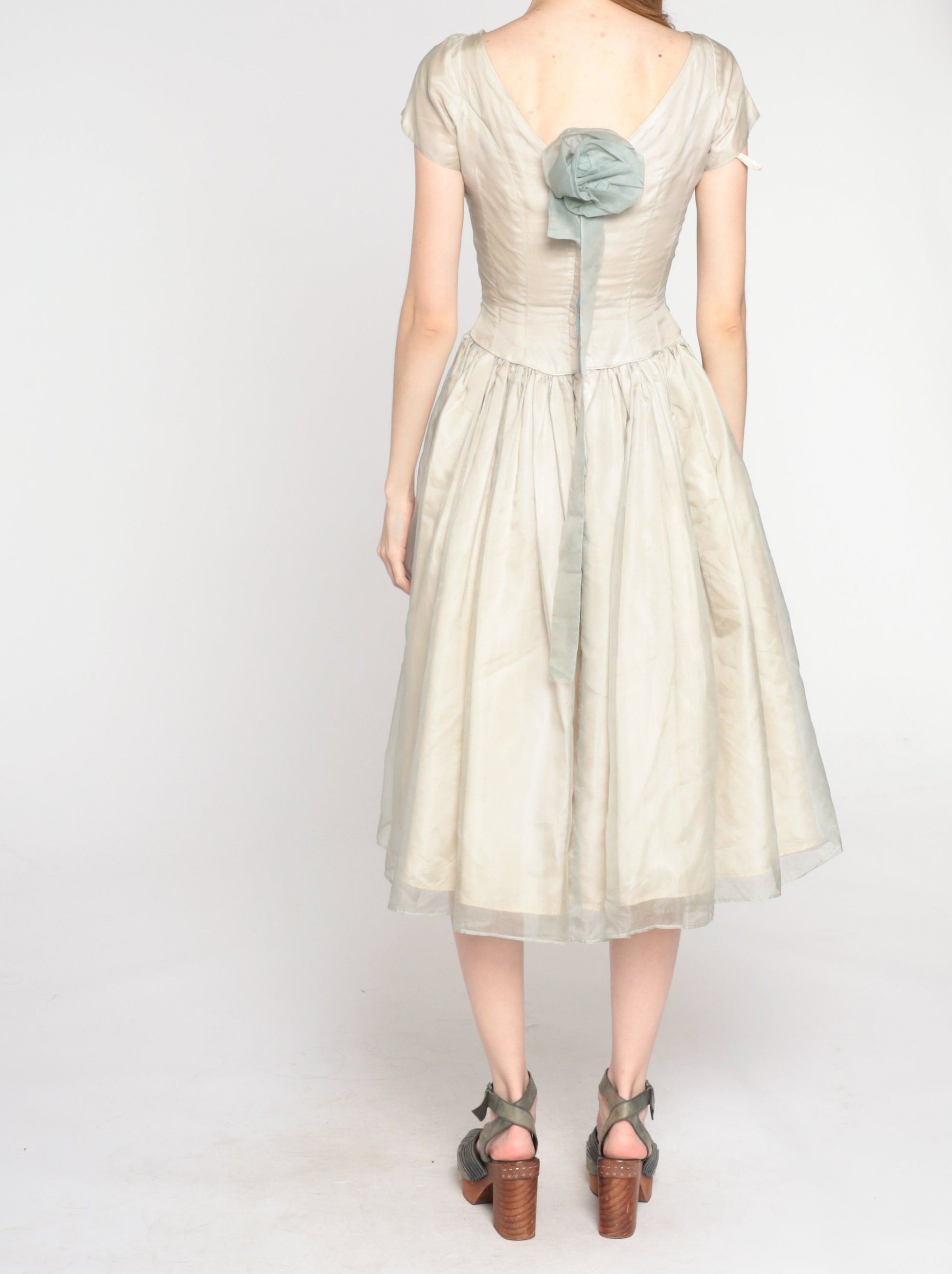 1950s Taupe Organza Midi Dress Cap Sleeve High Waist Full Skirt Extra Small