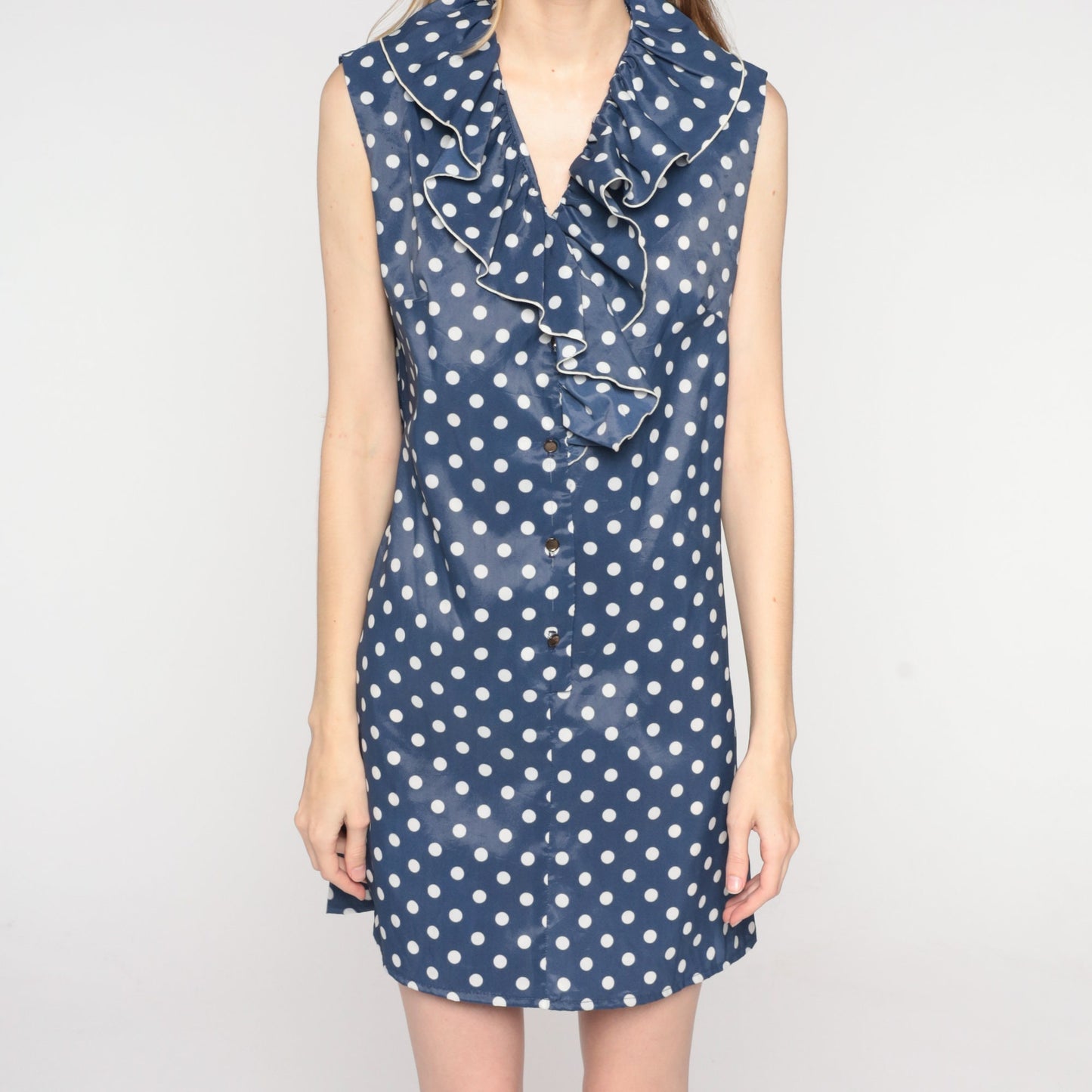 70s Navy Polka Dot Mini Shift Dress Ruffled Collar Sleeveless Small