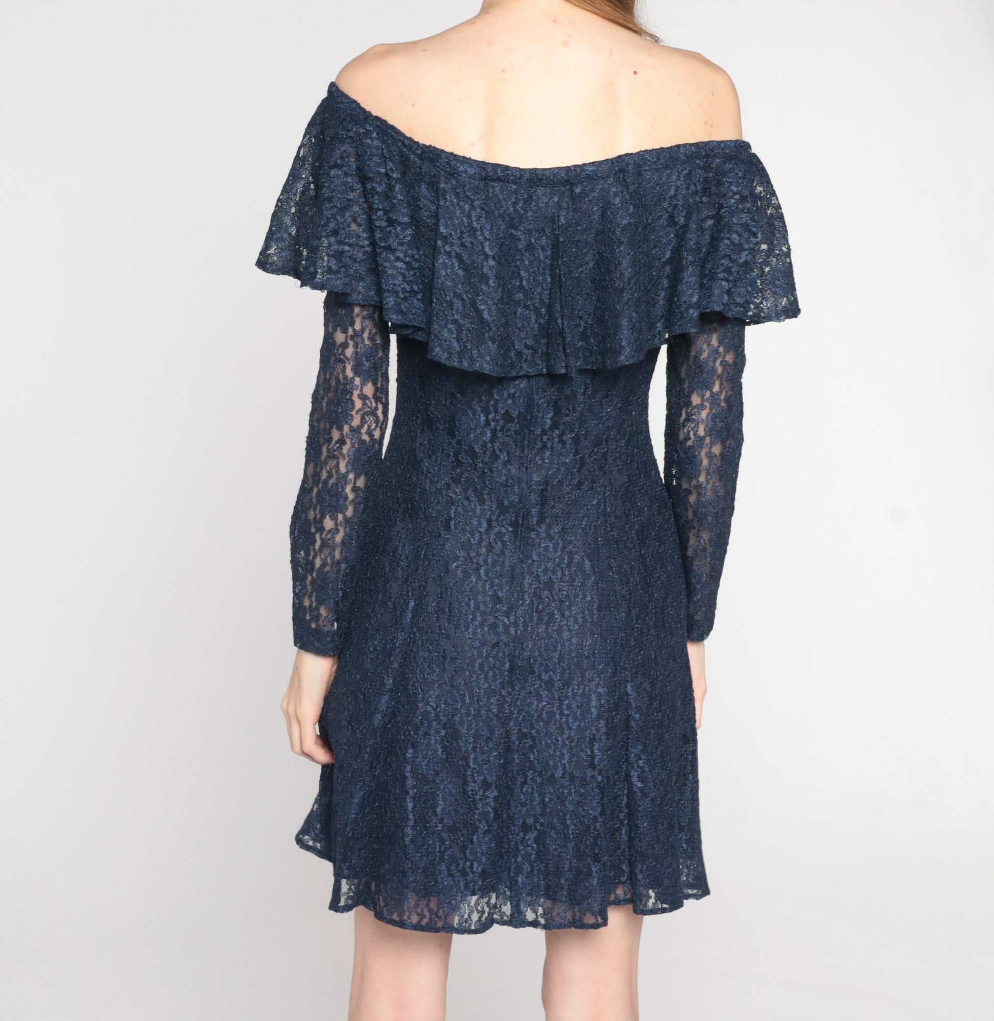 90s Navy Floral Lace Mini Dress Off-Shoulder Long Sleeve Small S