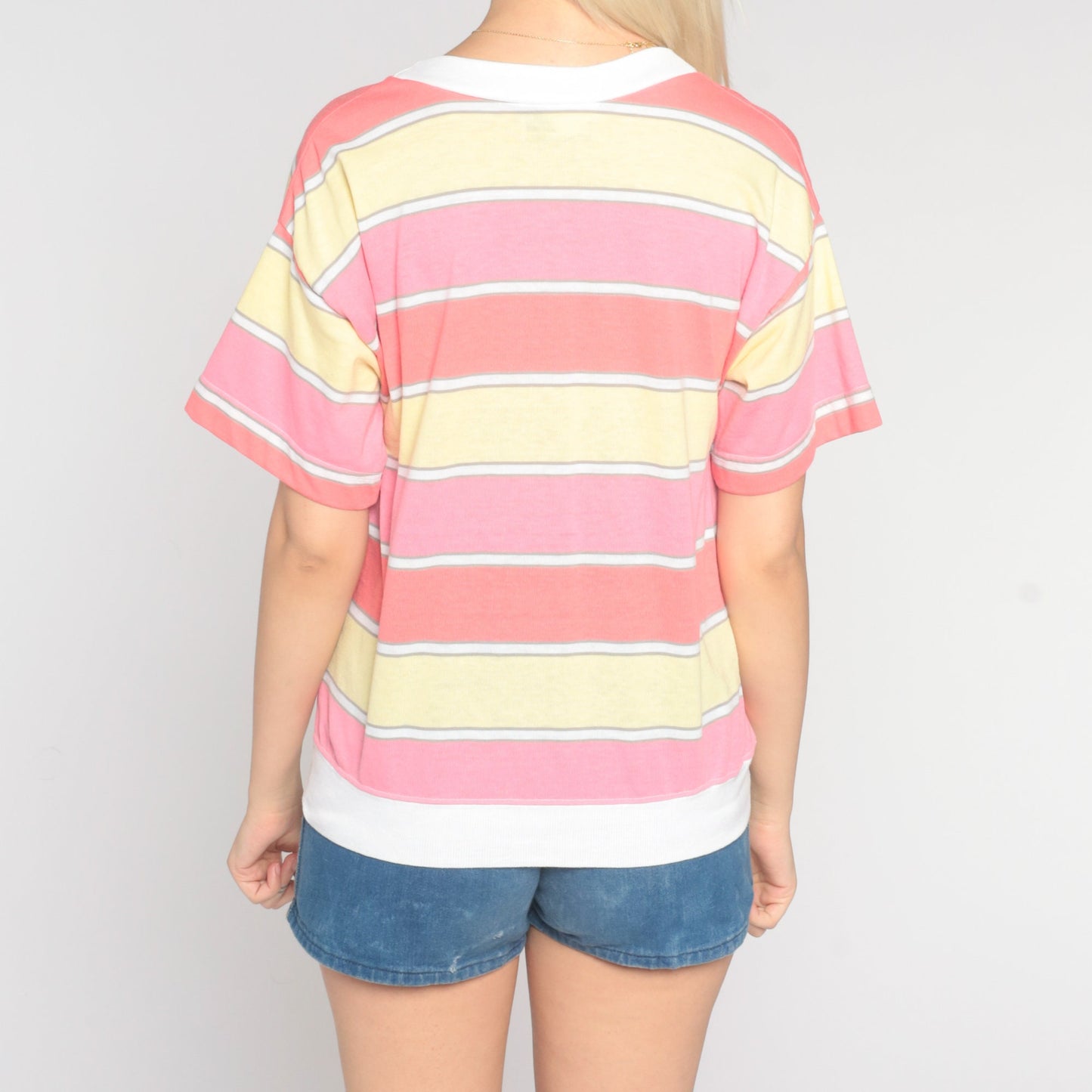 80s Striped Short Sleeve Shirt White Pink Yellow Panel Medium