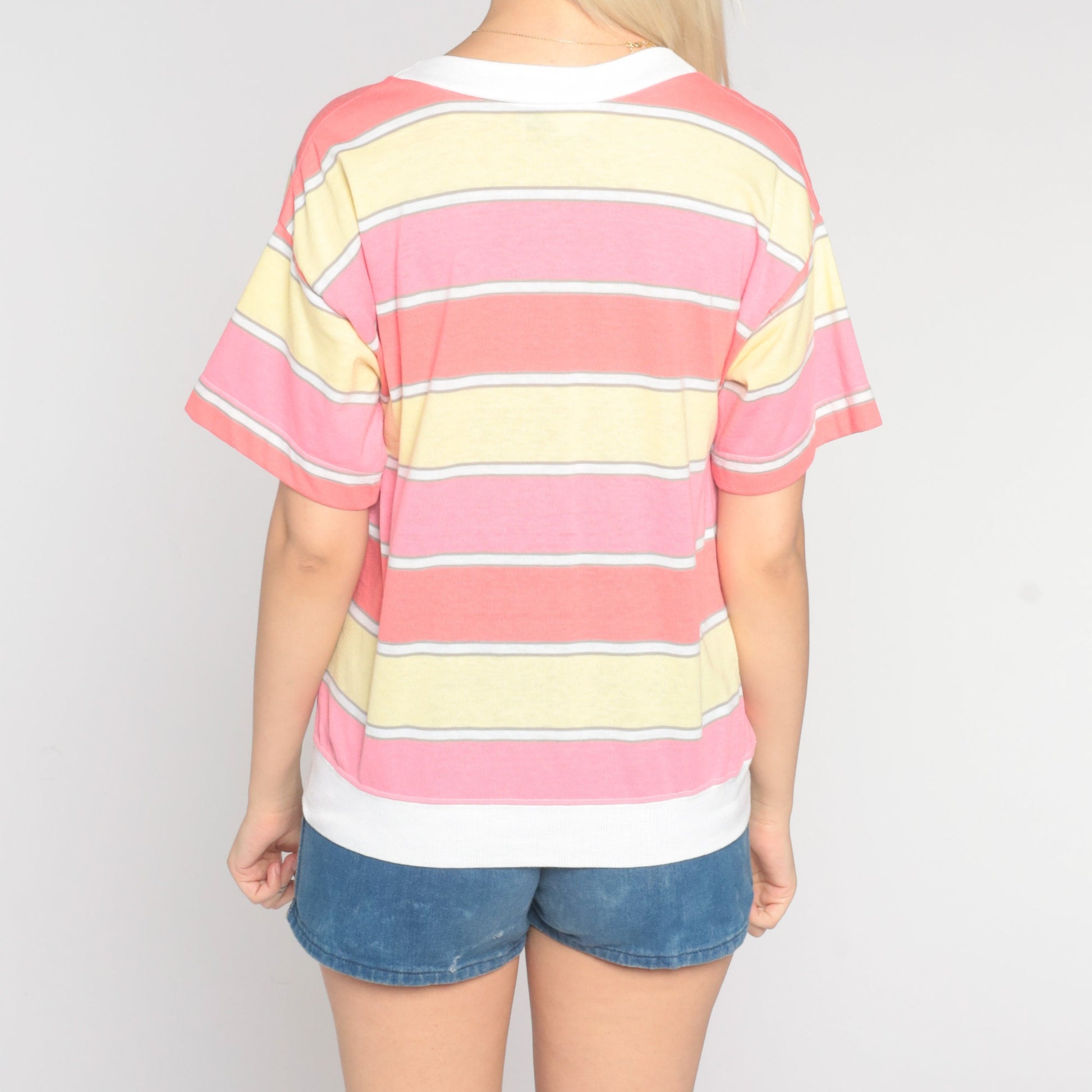 80s Striped Short Sleeve Shirt White Pink Yellow Panel Medium