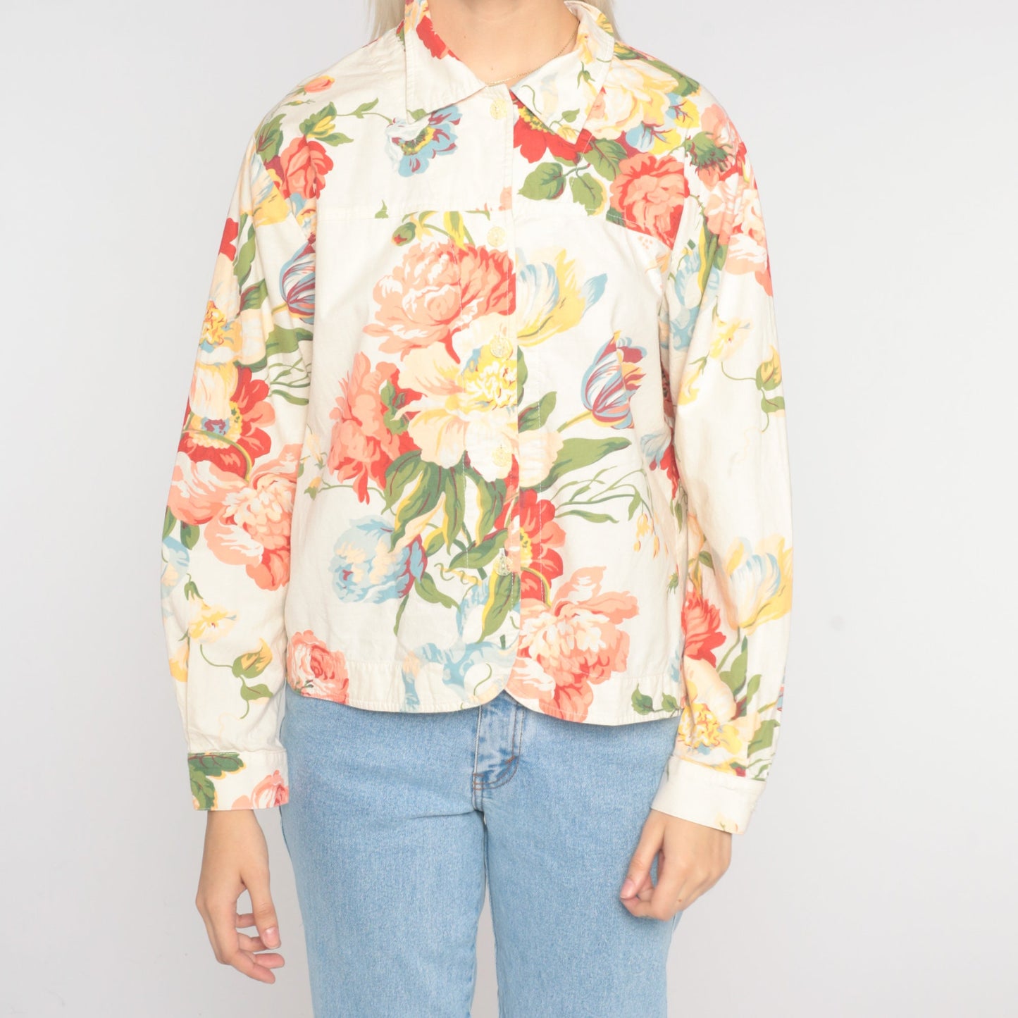 00s Coldwater Creek Floral Button-Up Blouse Cream Long Sleeve Medium Petite