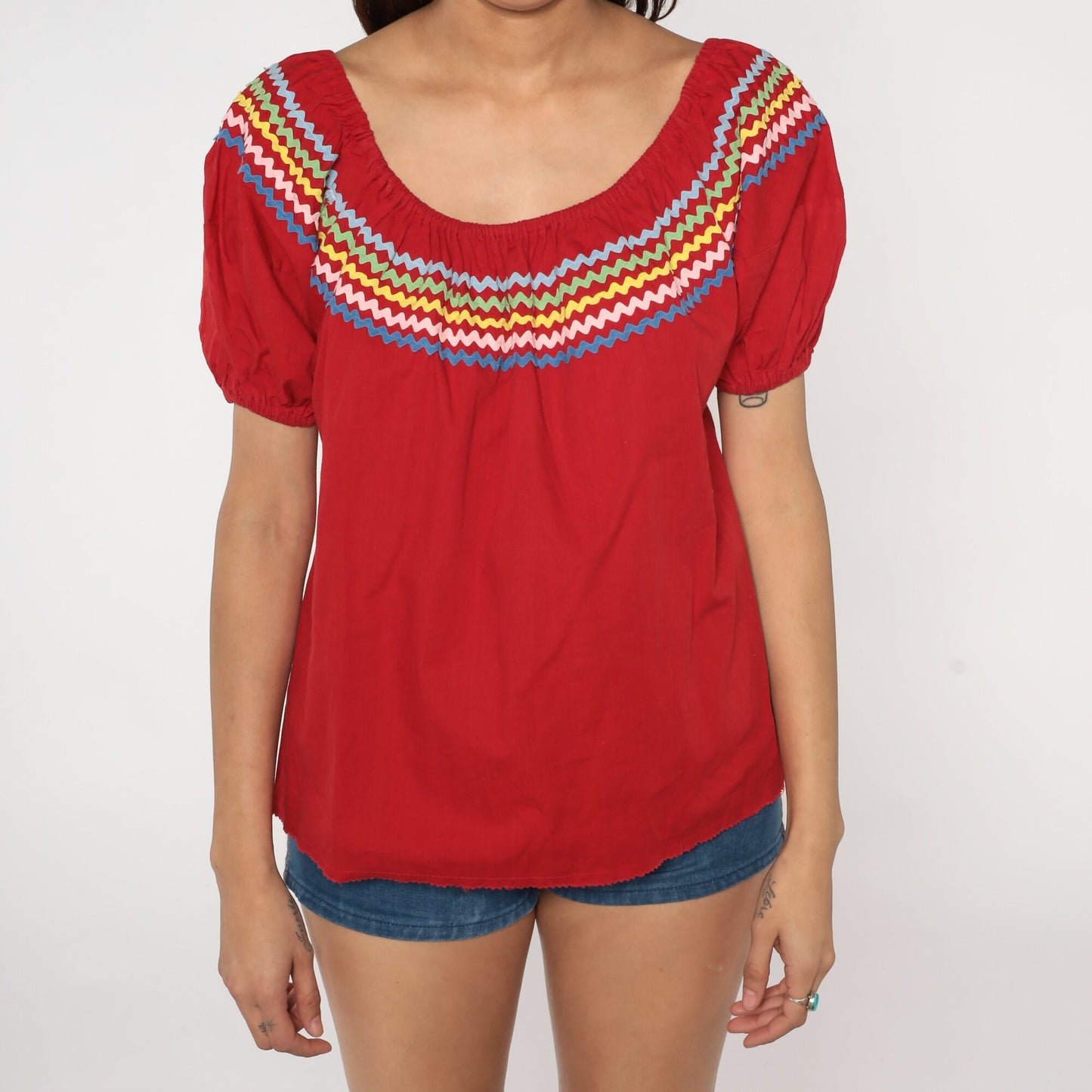 90s Red Peasant Blouse Puff Sleeve Ric-Rac Trim Cotton Top Medium Large