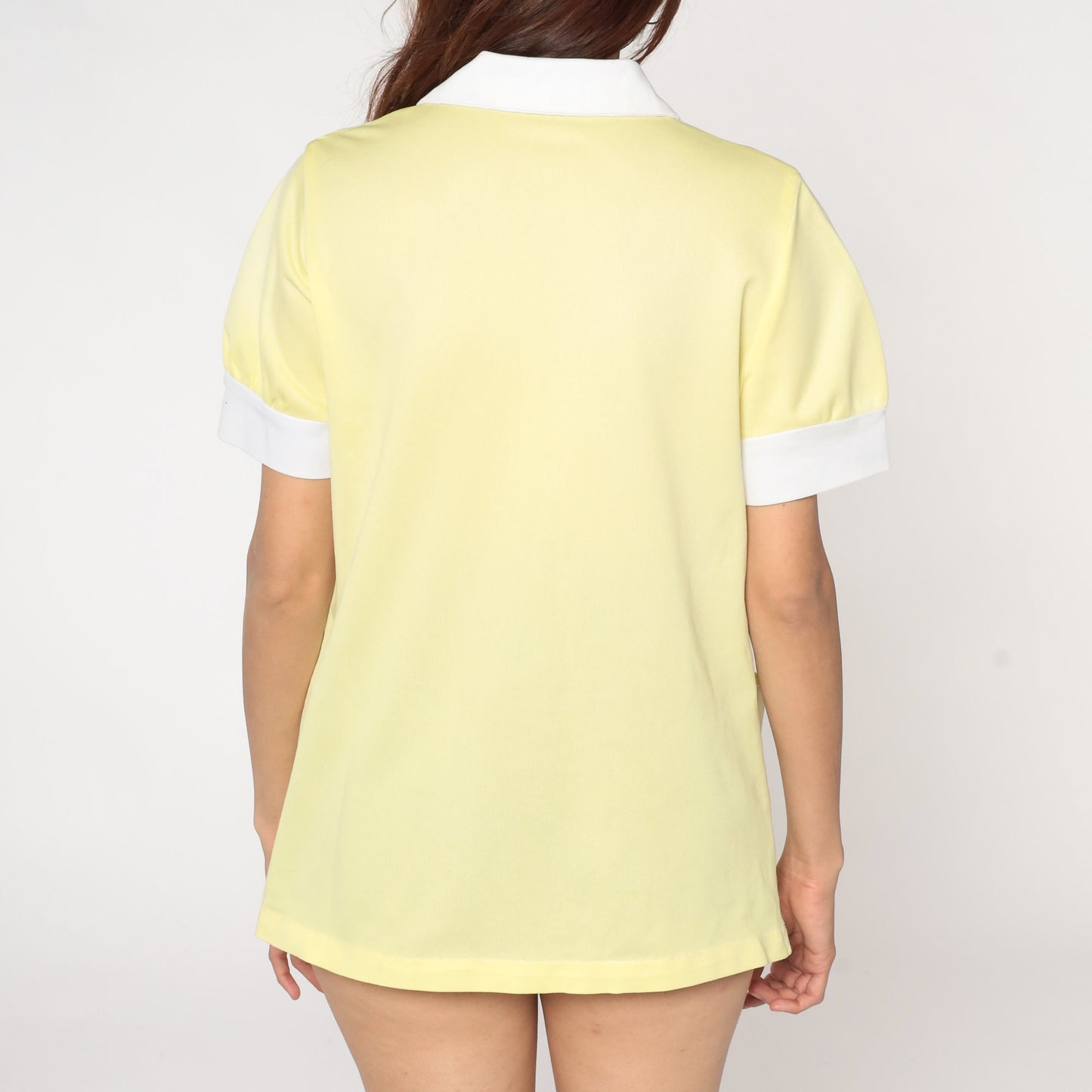 70s Yellow Puff Sleeve Blouse Dog Ear Collar Embroidered Heart Flower Medium