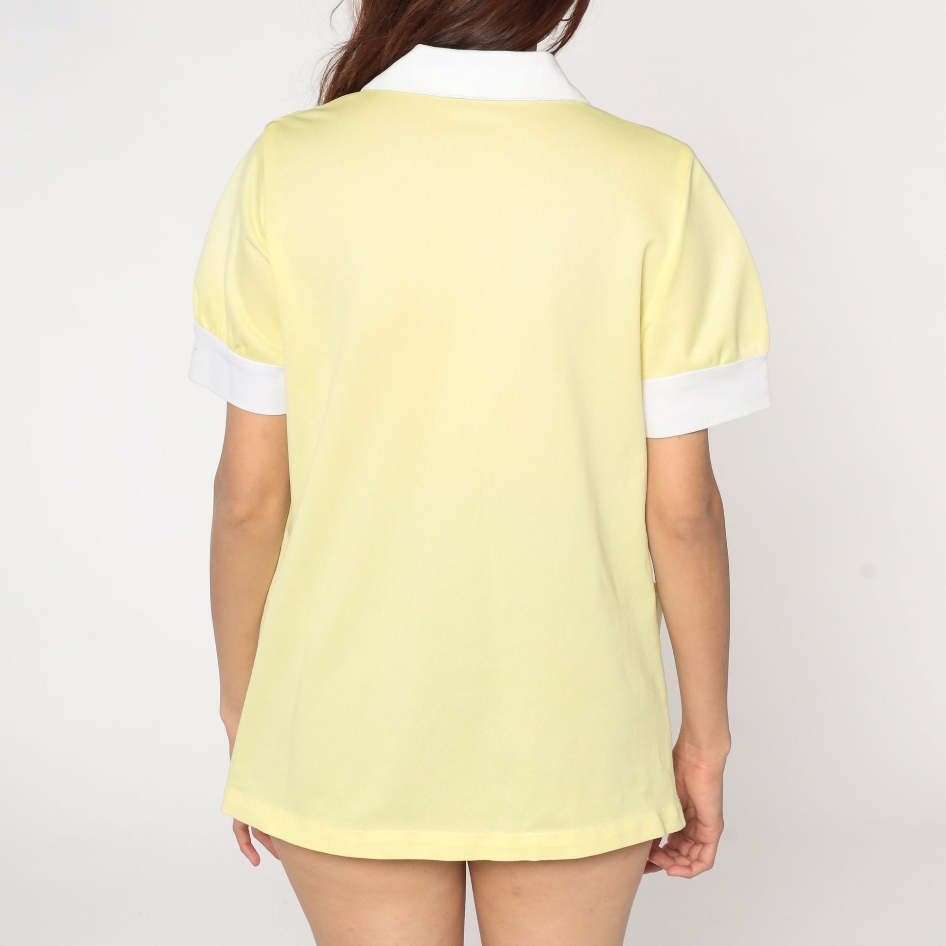 70s Yellow Puff Sleeve Blouse Dog Ear Collar Embroidered Heart Flower Medium