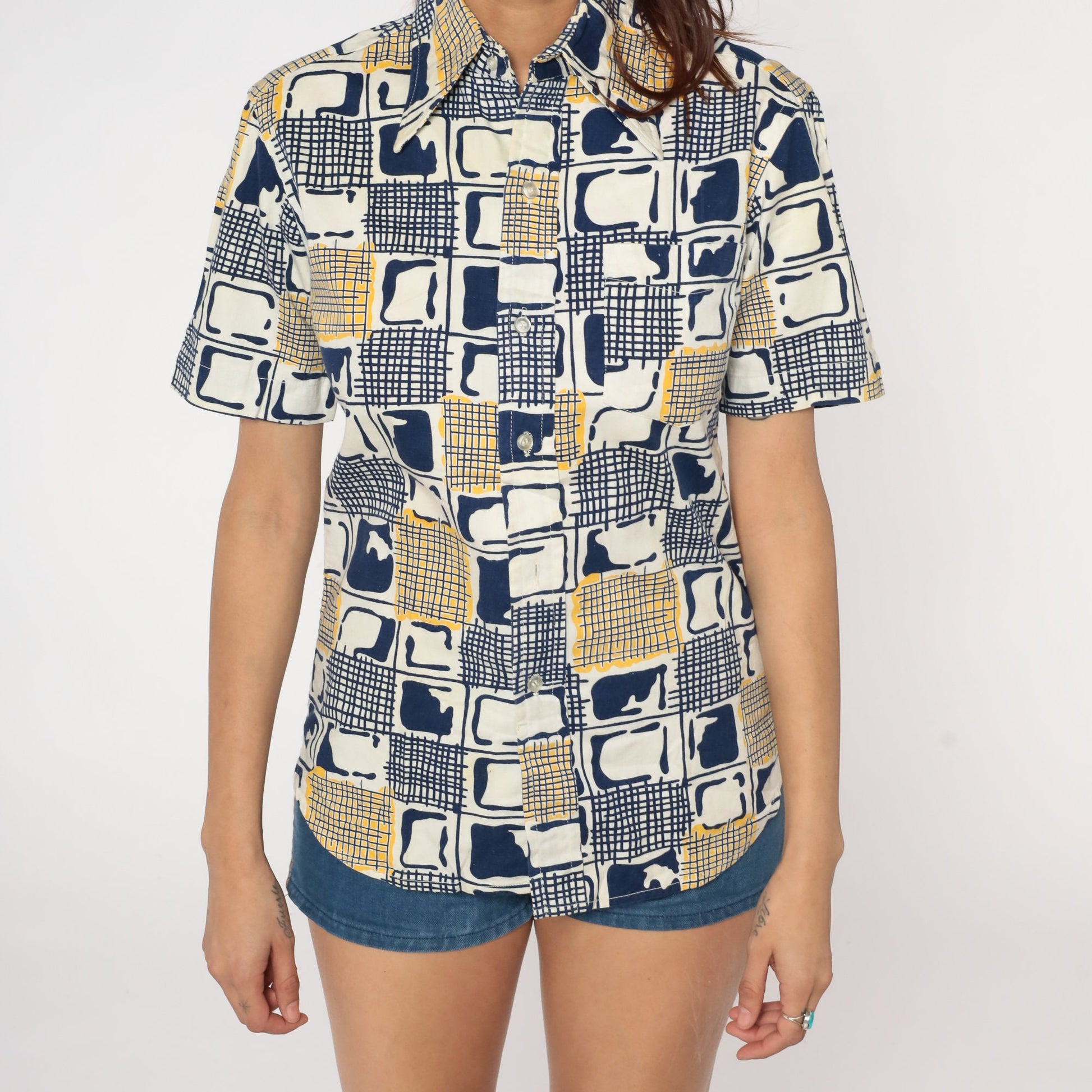 70s Abstract Checkered Button-Up Blouse Pointed Collar Blue White Yellow Small