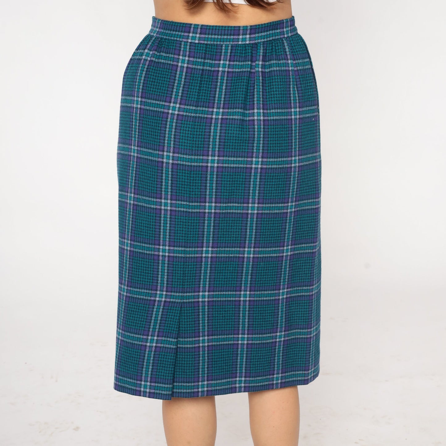 Pendleton Wool Plaid Midi Skirt 80s Blue High Waist Pencil Medium