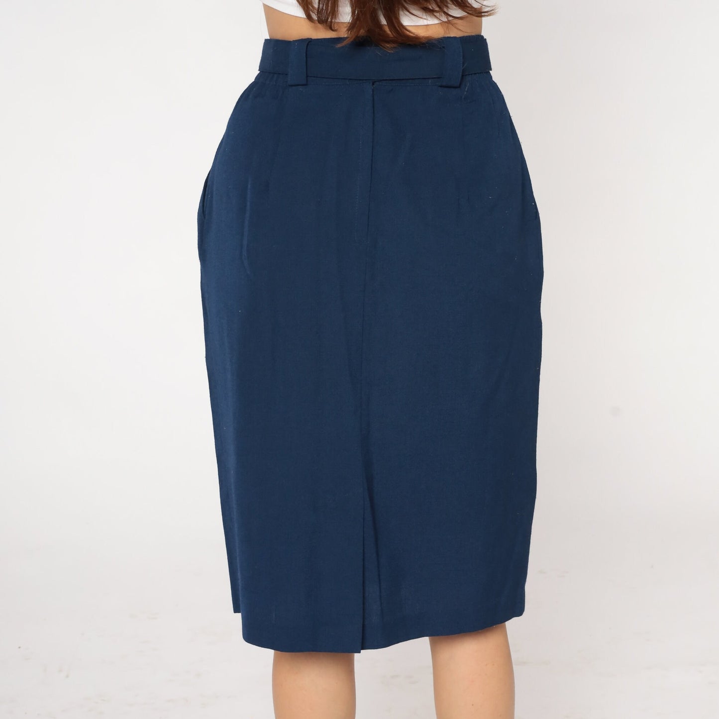 80s Navy Pencil Skirt High Waisted Knee Length Belted Small